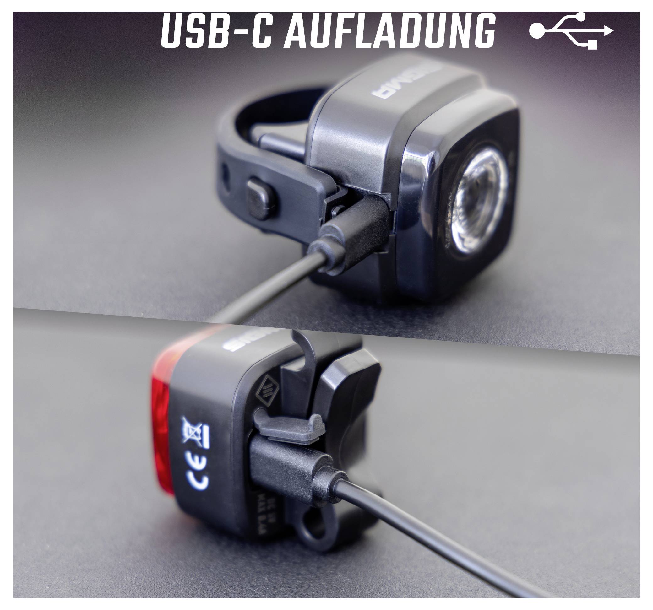 Zweiteilige Produktansicht einer kleinen Fahrradlampe mit angeschlossenem USB-C-Ladekabel, oben mit Frontlicht und Aufschrift 'USB-C AUFLADUNG'.