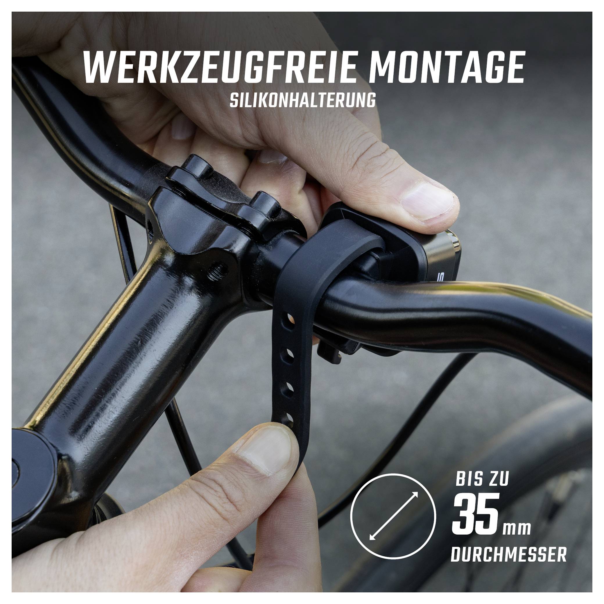 Hände befestigen eine Silikonhalterung werkzeugfrei am Fahrradrahmen; Text: 'WERKZEUGFREIE MONTAGE', 'BIS ZU 35 mm DURCHMESSER'.