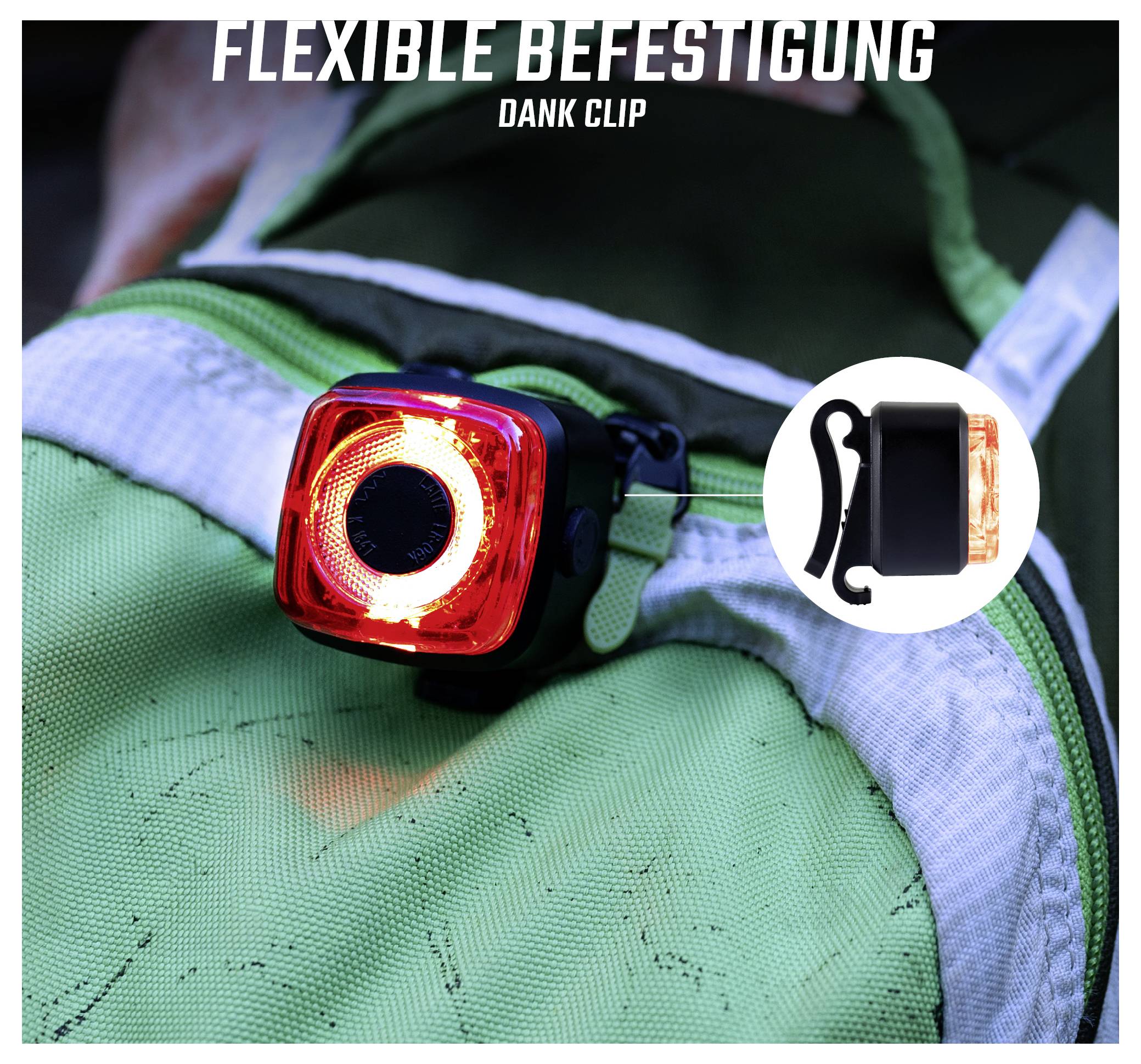 Rotes Sicherheits-LED-Licht mit Clip an einem grünen Rucksack; Text oben: 'FLEXIBLE BEFESTIGUNG' und 'DANK CLIP'.