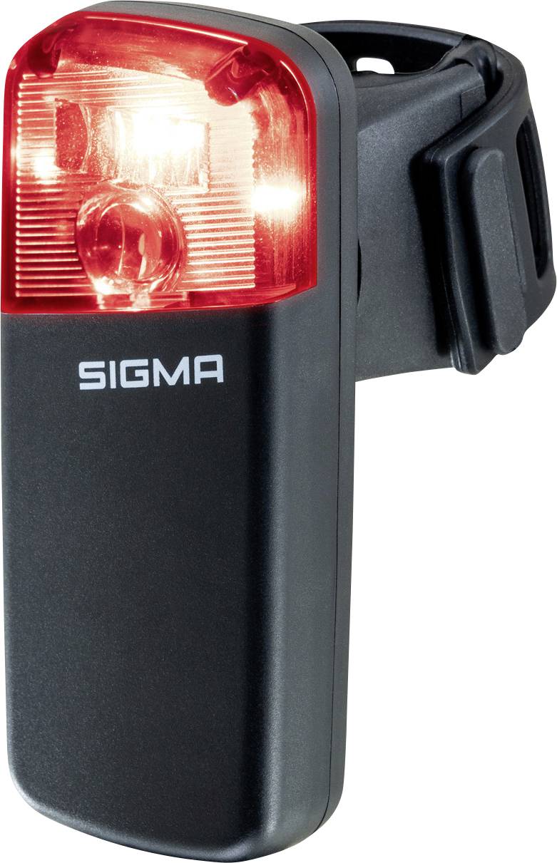 Schwarzes Sigma-Fahrradrücklicht mit hellem roten LED-Linse und Befestigungsclip auf der Rückseite