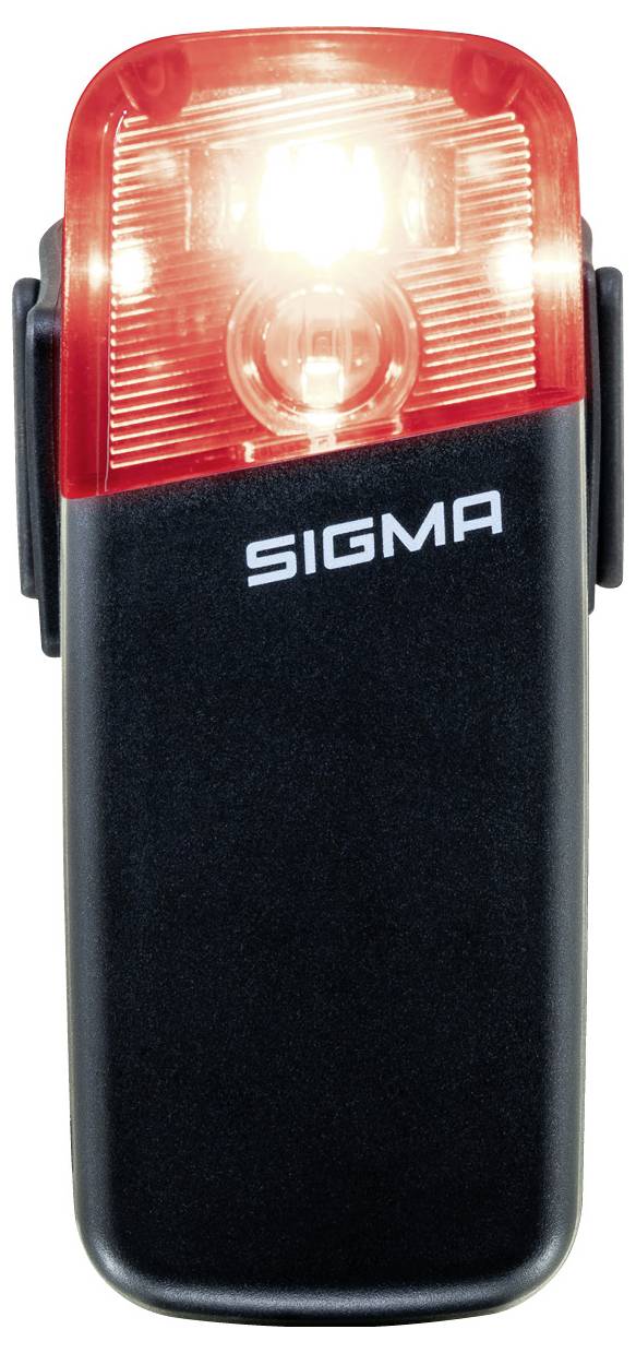 Schwarz nach vorne gerichtetes Sigma-Fahrradlicht mit hellem rotem LED-Objektiv, das an der Oberseite eingeschaltet ist.