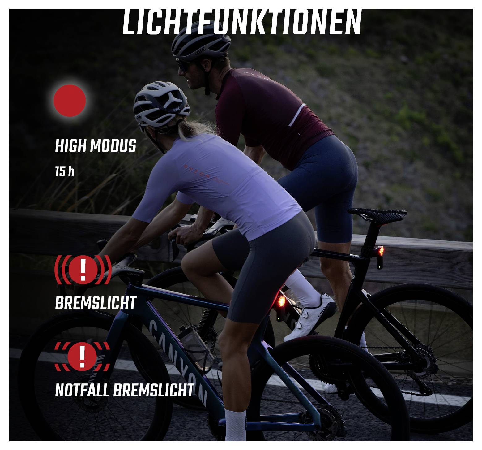Werbegrafik mit zwei Radfahrern bei Nacht; zeigt Lichtfunktionen eines Fahrrads: 'HIGH MODUS' 15 h, 'BREMSLICHT' und 'NOTFALL BREMSLICHT'.