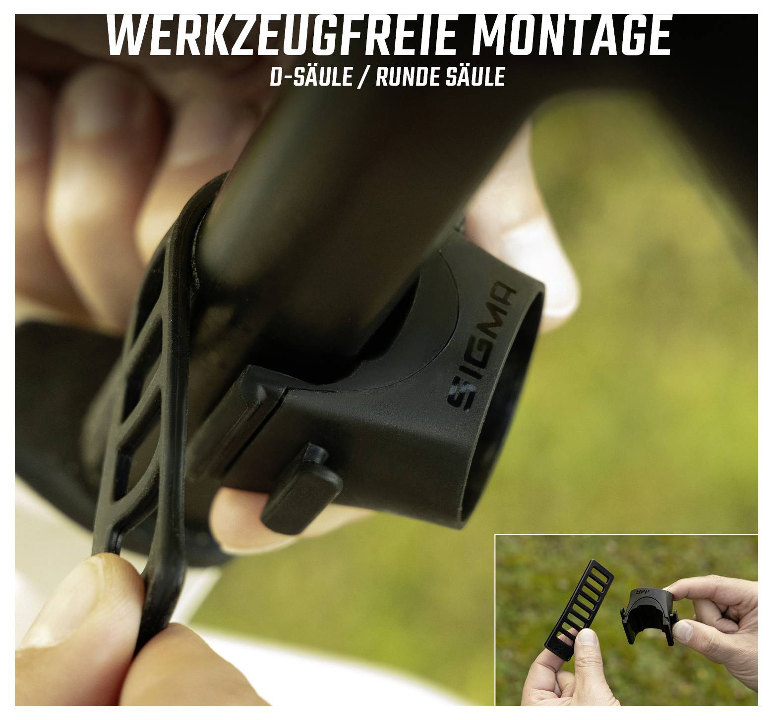 Nahaufnahme der werkzeugfreien Montage einer SIGMA-Halterung an einer D-Säule oder runden Sattelstütze; Einsetz-Detail und kleines Inset mit Halterungsteil in der Hand.