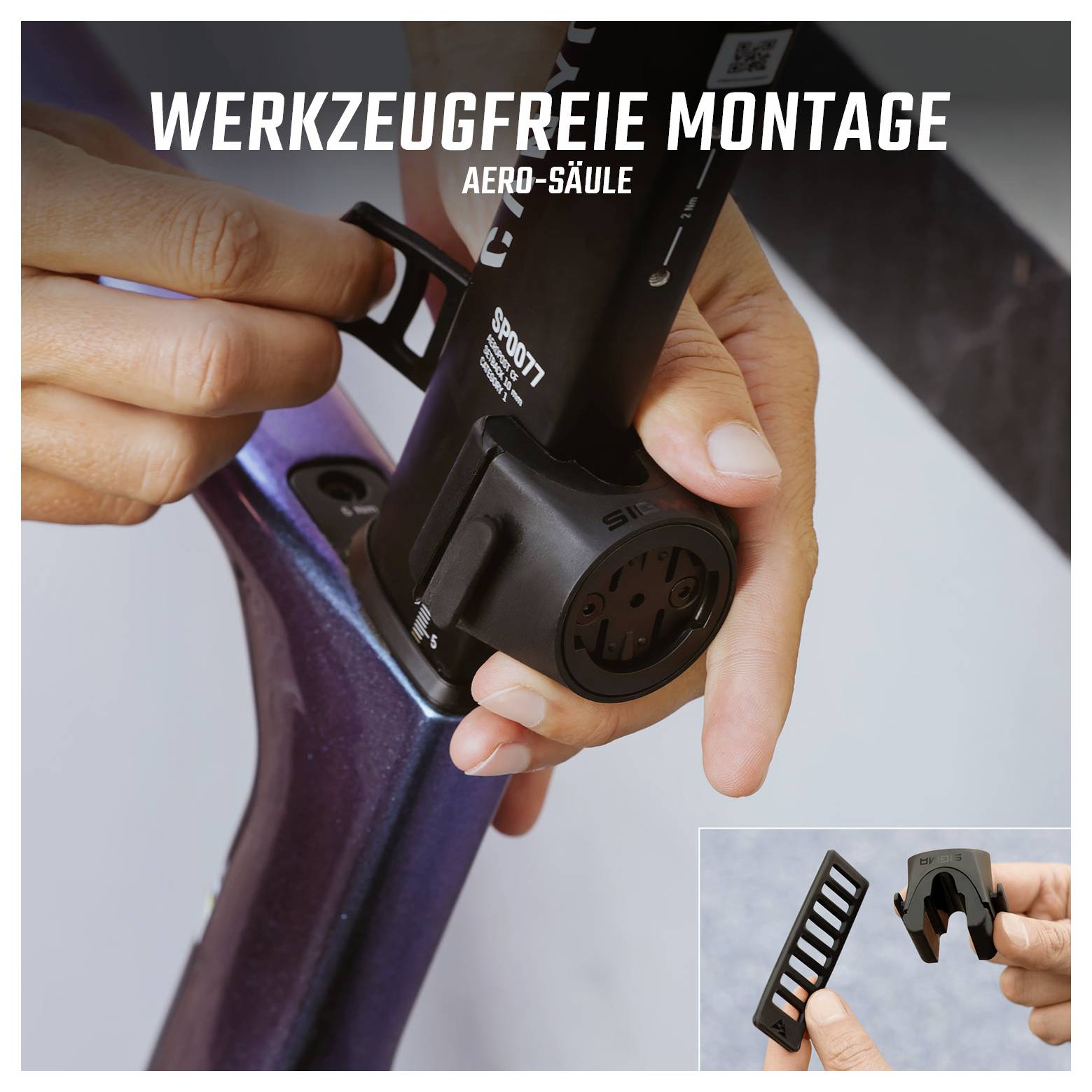 Hände montieren einen Fahrradcomputer an einer Aero-Säule; Text: 'WERKZEUGFREIE MONTAGE' und 'AERO-SÄULE'. Kleines Inset zeigt Halterungsteile.