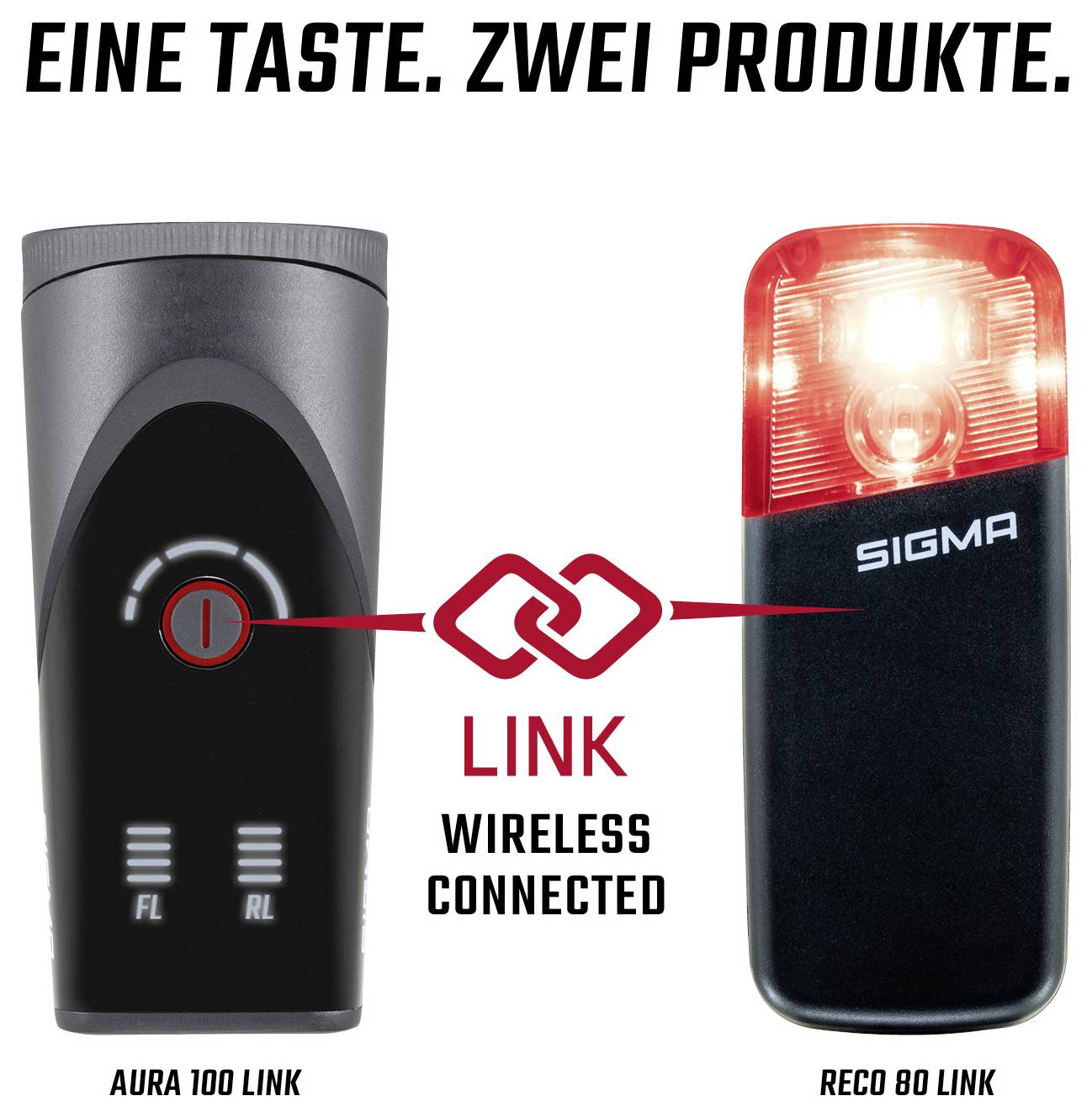 Werbebild für SIGMA-Lichter: vorne AURA 100 LINK und hinten RECO 80 LINK, über 'LINK Wireless Connected' kabellos gekoppelt; Slogan: 'Eine Taste. Zwei Produkte.'