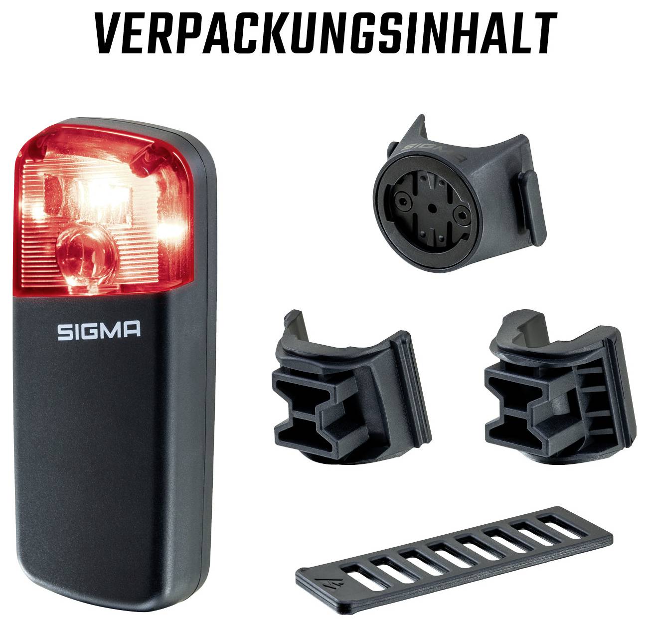 Produktübersicht mit Sigma-Fahrradrücklicht und enthaltenem Zubehör: Halterungen, Montageadapter und Gummiband, Überschrift 'VERPACKUNGSINHALT'.