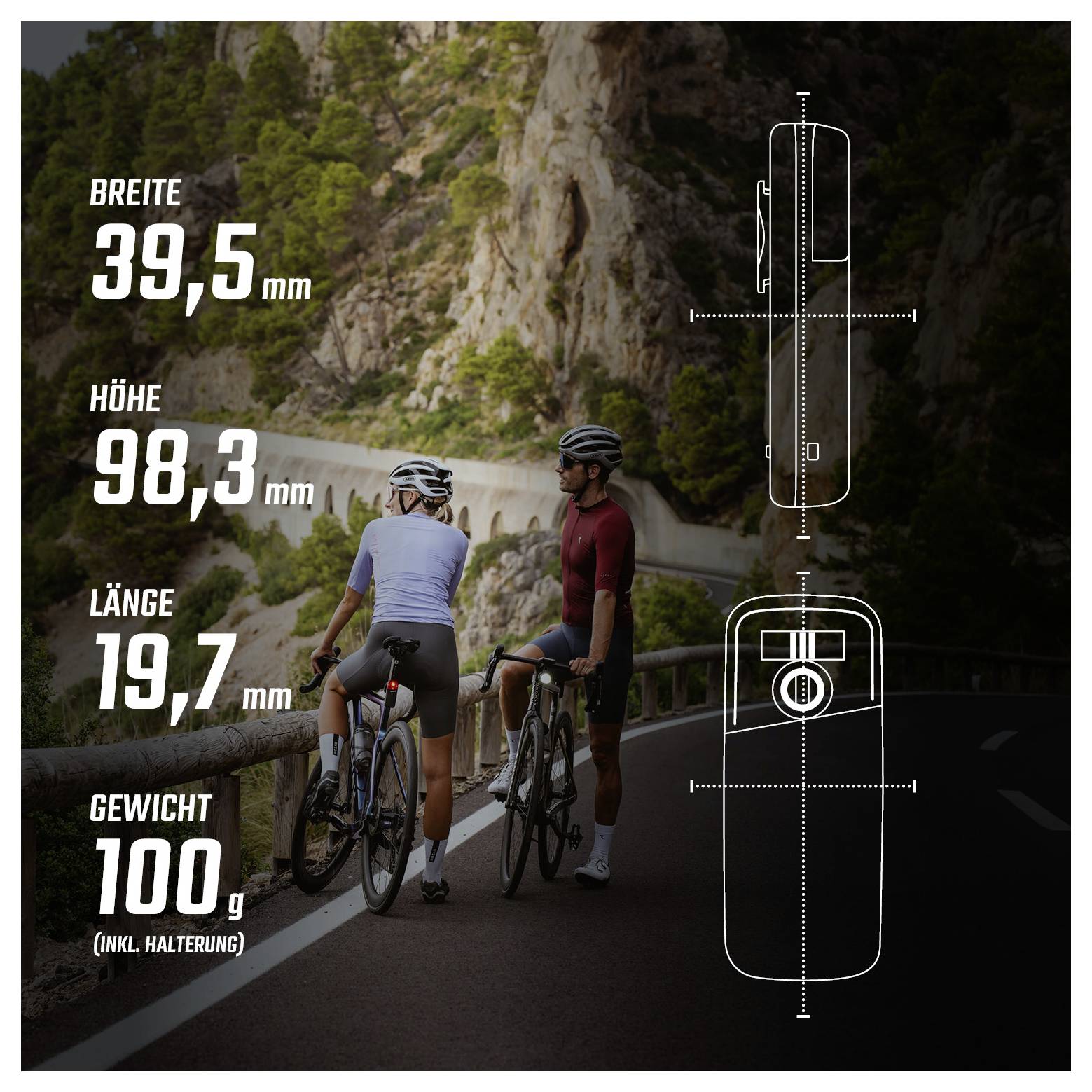 Maßangaben eines Fahrradlichts: Breite 39,5 mm, Höhe 98,3 mm, Länge 19,7 mm, Gewicht 100 g inkl. Halterung; daneben Radfahrer auf Bergstraße und technische Skizze.
