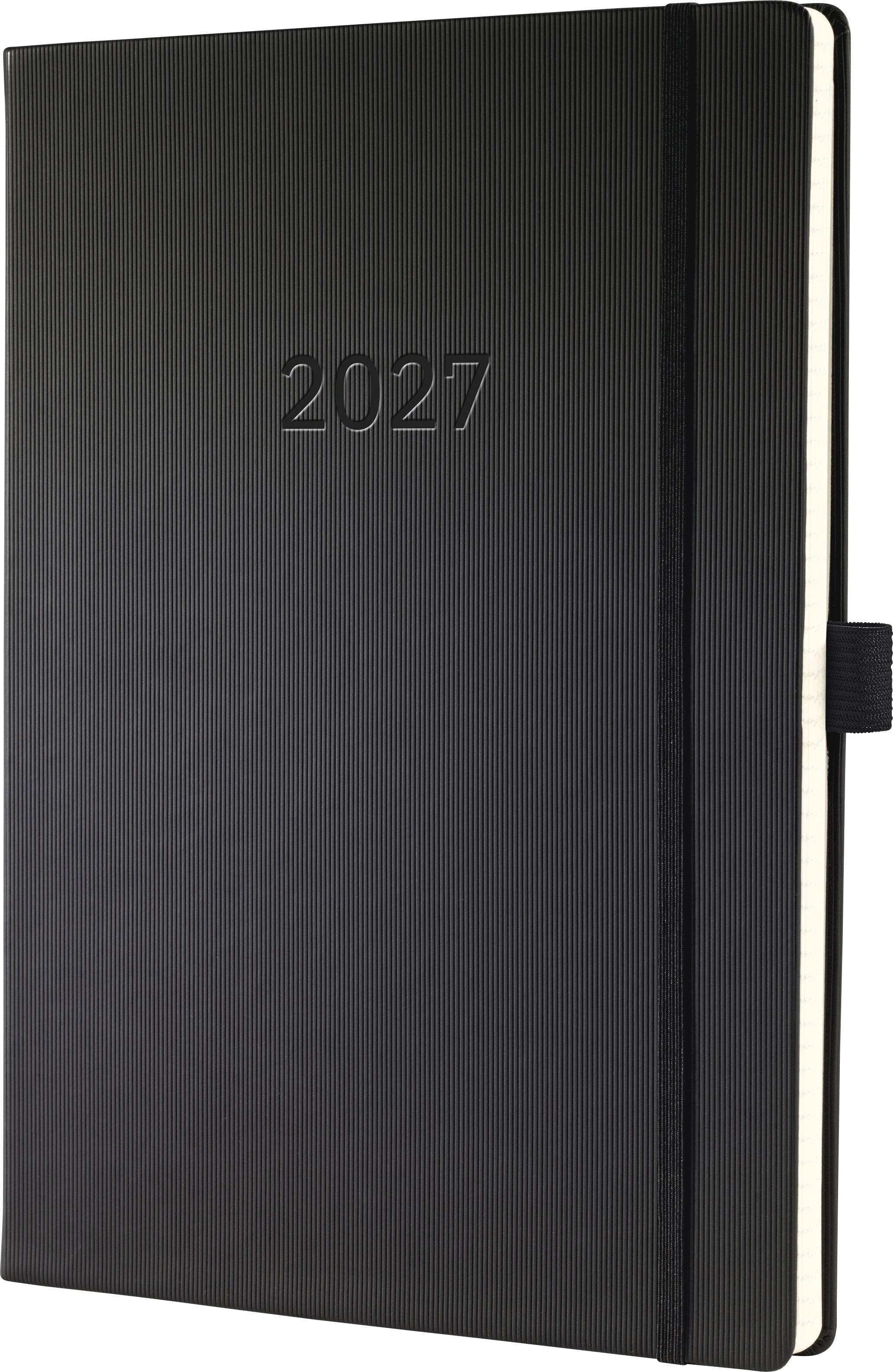 Schwarzes Notizbuch-Planer 2027 mit elastischer Bandverschluss und creme-farbigen Seitenkanten, geschlossen auf weißem Hintergrund dargestellt.