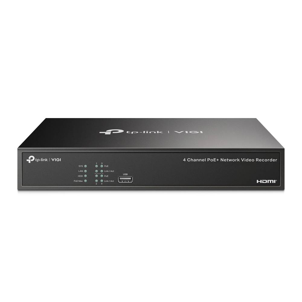 TP-Link VIGI 4-Kanal-PoE-Netzwerk-Videorekorder, schwarzes Gerät mit frontalen Statusleuchten, USB-Anschluss und HDMI-Ausgang.