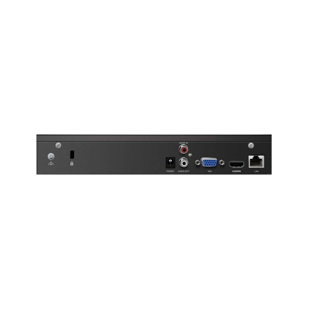 Rückseite eines Geräts mit Stromeingang, Audioausgang, VGA, HDMI und LAN-Anschlüssen sowie einem Schalter und kleinen Bedienungselementen.