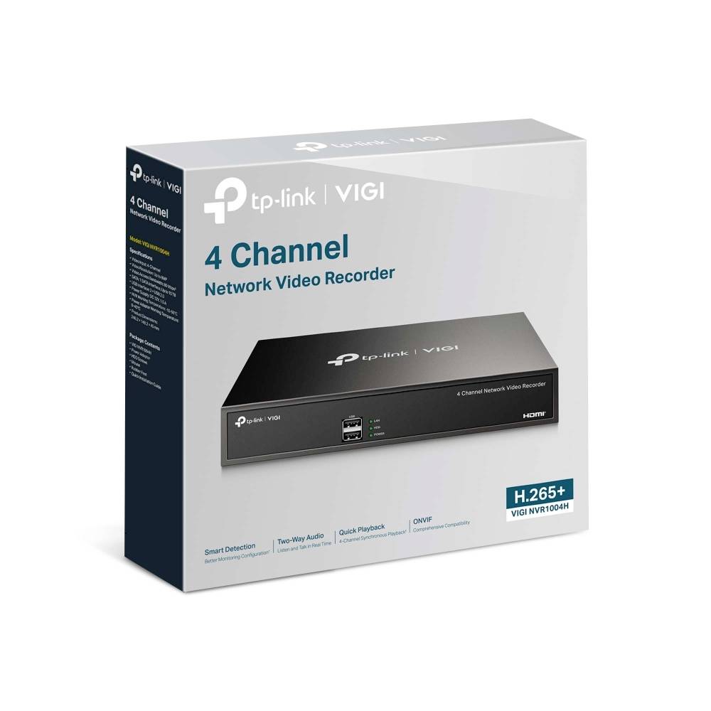 Produktverpackung für einen TP-Link VIGI 4-Kanal-Netzwerk-Videorekorder mit dem schwarzen Rekorder und H.265+-Funktion auf der Verpackung.