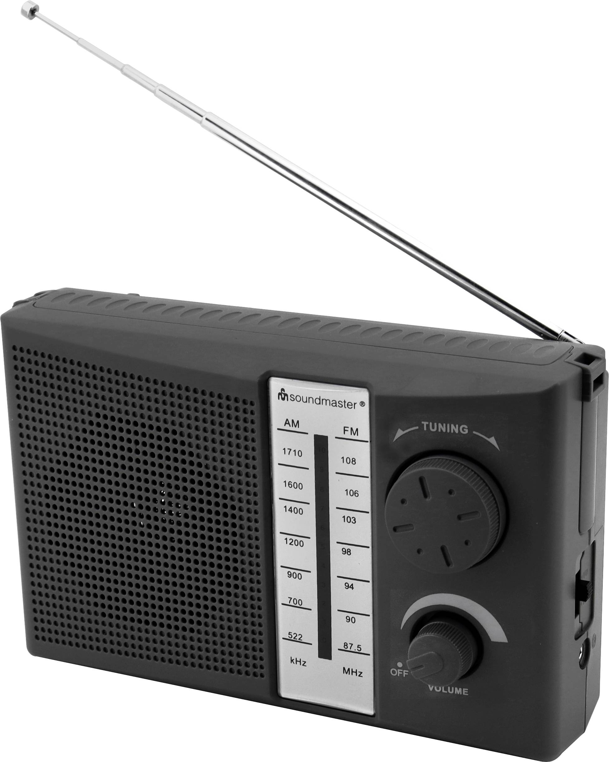 Tragbares schwarzes analoges AM/UKW-Radio mit ausfahrbarer Antenne, Abstimmskala und Lautstärkeregler.
