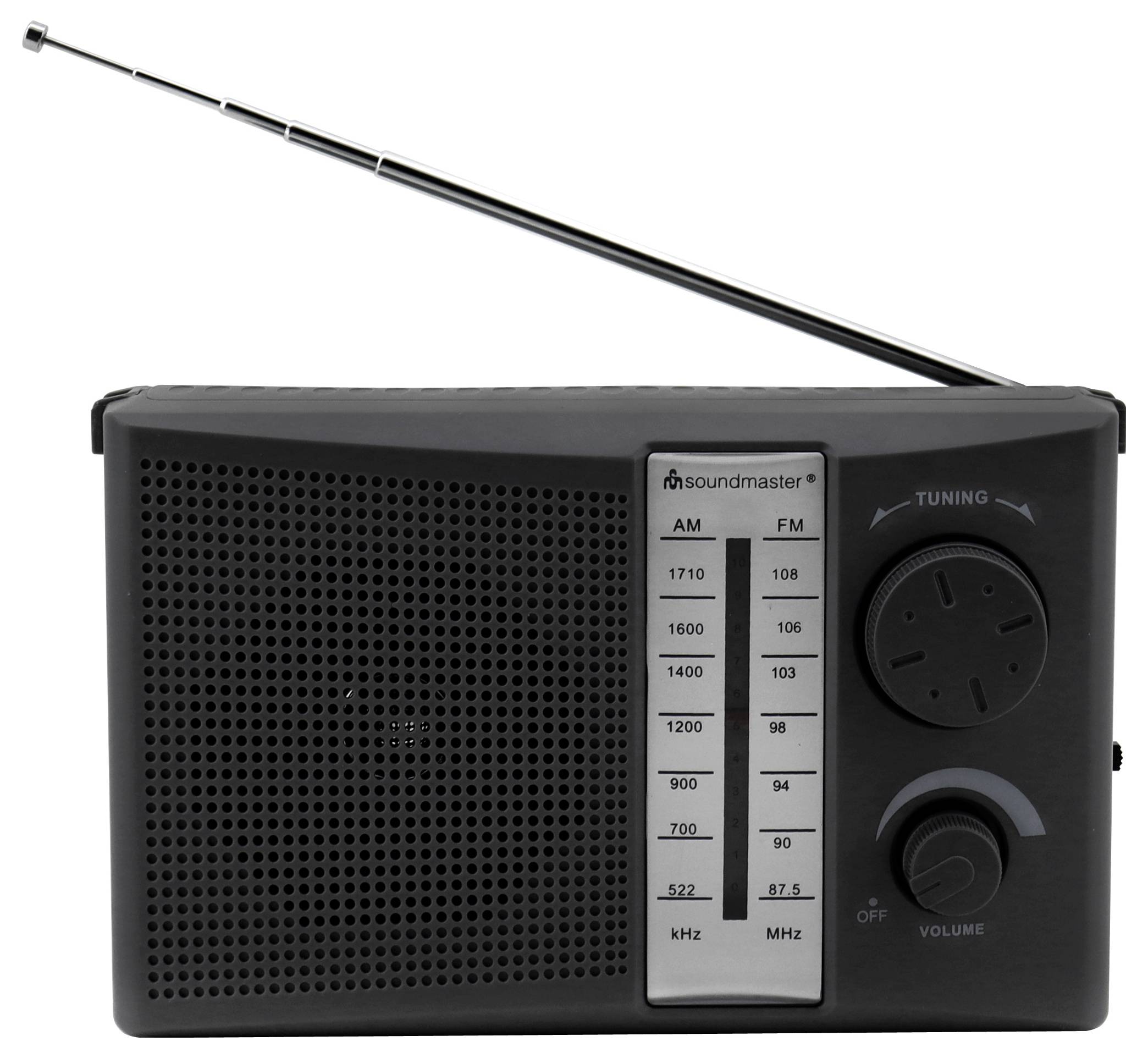 Tragbares schwarzes Radiogerät mit ausfahrbarer Antenne, Lautsprechergitter, Abstimmskala und Lautstärkeregler auf weißem Hintergrund