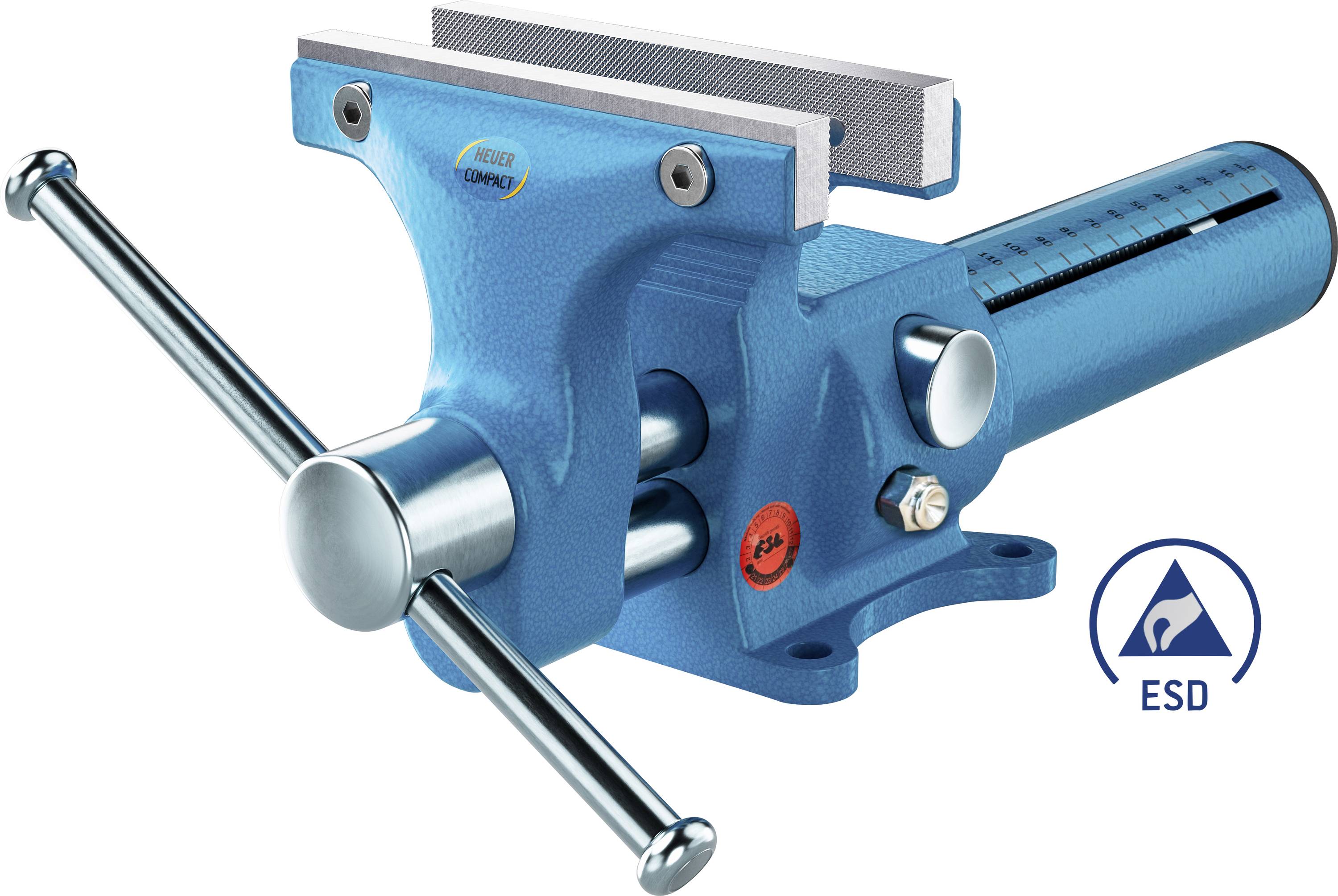Blauer ESD-sicherer Schraubstock mit Metallbacken und langem Griff, isoliert auf weißem Hintergrund.