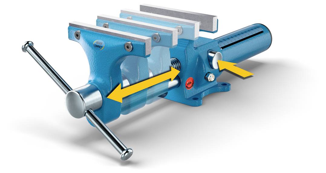 3D-Illustration eines blauen Maschinenschraubstocks mit Backen und Griff, mit gelben Pfeilen, die die Spannrichtung und die Schraubenbewegung anzeigen.