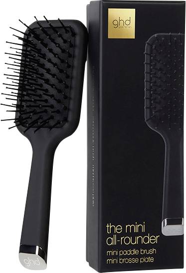 Schwarze ghd Mini-Paddle-Bürste mit langen Borsten, dargestellt neben ihrer schwarz-goldenen Einzelhandelsschachtel mit der Beschriftung 