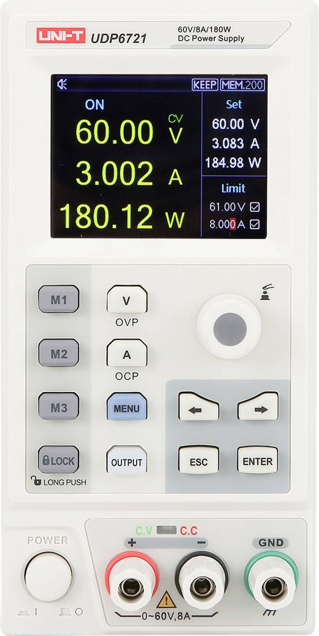 Frontplatte eines UNI-T UDP6721 Gleichstromnetzteiels mit Ausgabe eingestellt auf 60.00 V, 3.002 A und 180.12 W, mit Spannungs-/Stromreglern und Anschlüssen darunter.