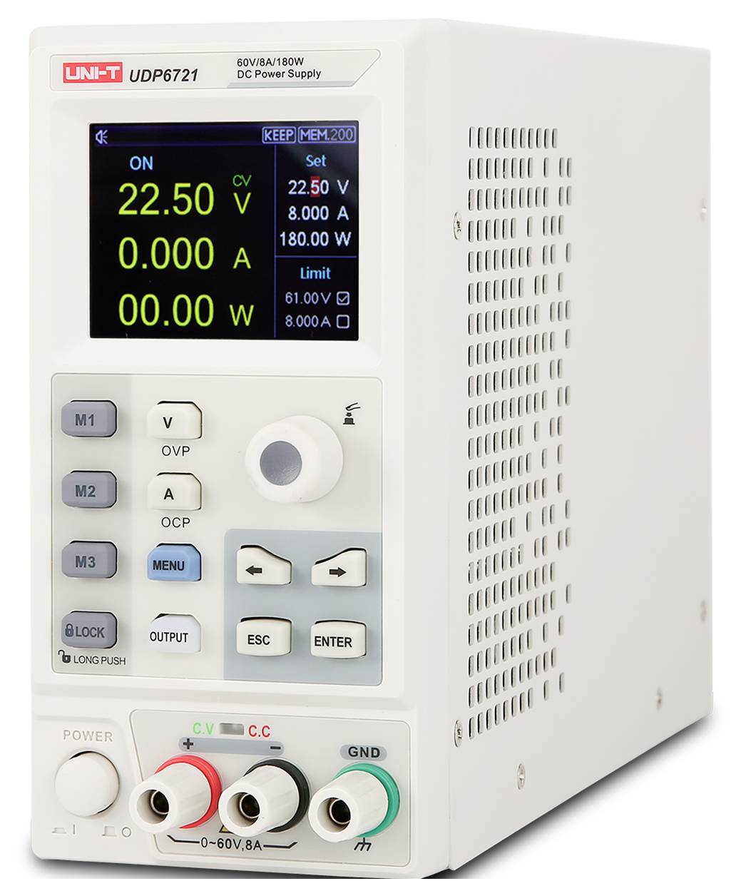 Ein UNI-T UDP6721 Gleichstromnetzteil mit Display, das 22,50 V, 0,000 A und 0,00 W anzeigt, sowie Spannungs-, Strom- und Ausgaberegler.