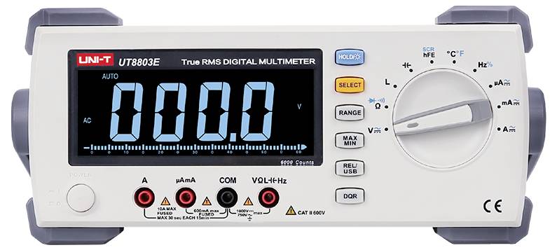 Vorderansicht eines digitalen Multimeters UNI-T UT803E mit einer Anzeige von 000.0 auf dem Display, mit sichtbarem Wahlschalter und Eingangsbuchsen.