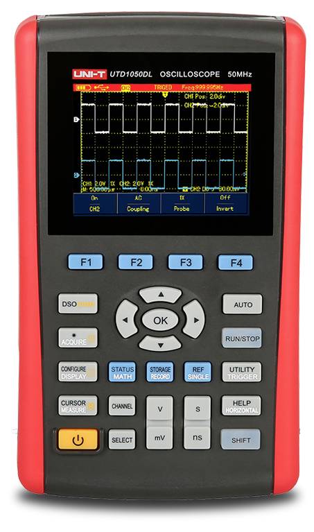 Tragbares digitales UNI-T Oszilloskop mit Rechtecksignalverlauf auf einem Gitterdisplay, mit Steuertasten unterhalb des Bildschirms.