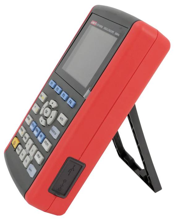 Tragbares tragbares elektronisches Testgerät mit Bildschirm, Tastatur und ausklappbarem Ständer, dargestellt in Rot und Schwarz.