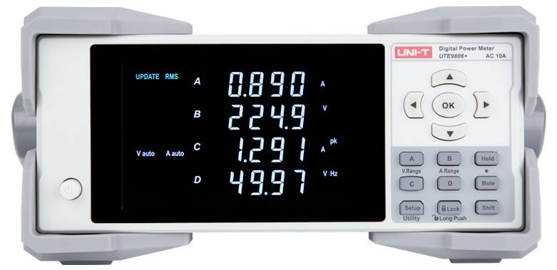 UNI-T digitales Strommessgerät zeigt vier Live-Messwerte an: A 0.890 A, B 224.9 V, C 1.291 A und D 49.97 Hz.