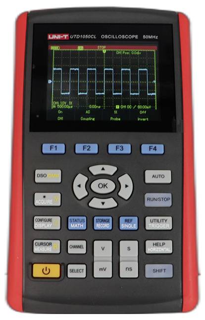 Tragbares UNI-T UTD1050CL Oszilloskop, das ein Rechtecksignal auf dem Display anzeigt, mit Steuertasten unter dem Bildschirm.