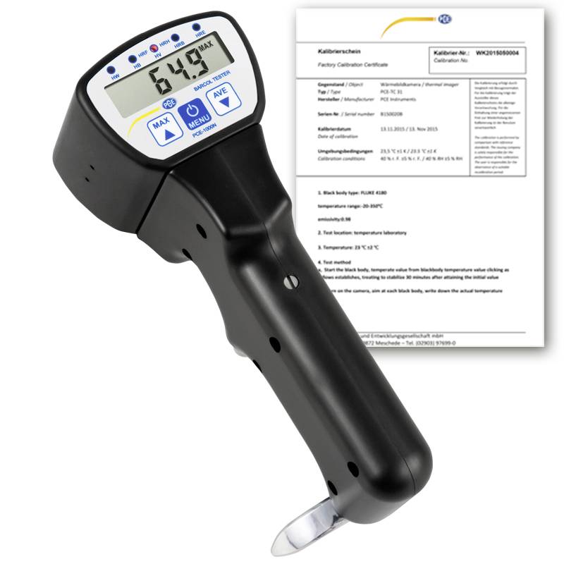 Tragbares Infrarot-Thermometer zeigt 64,9°C an, mit einem dahinter angezeigten Kalibrierzertifikat.