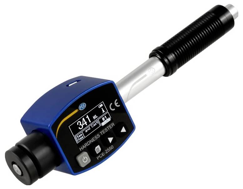 Tragbarer digitaler Härtetester mit blauem Gehäuse, schwarzem Griff und LCD-Display, angewinkelt auf weißem Hintergrund dargestellt.