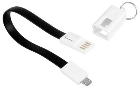 Schwarzes USB-Ladekabel mit Micro-USB-Anschluss und weißer Schlüsselanhänger-Kappe an einem Ring