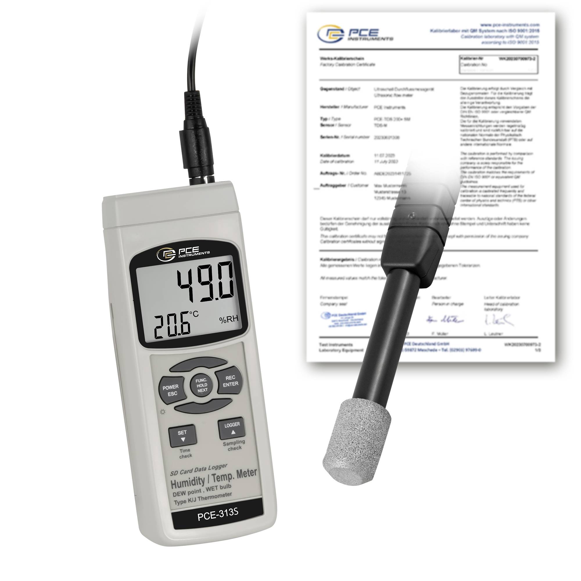 Tragbares Feuchte- und Thermometer mit Sonde und Kalibrierzertifikat; Display zeigt 49,0% RF und 20,6°C an.