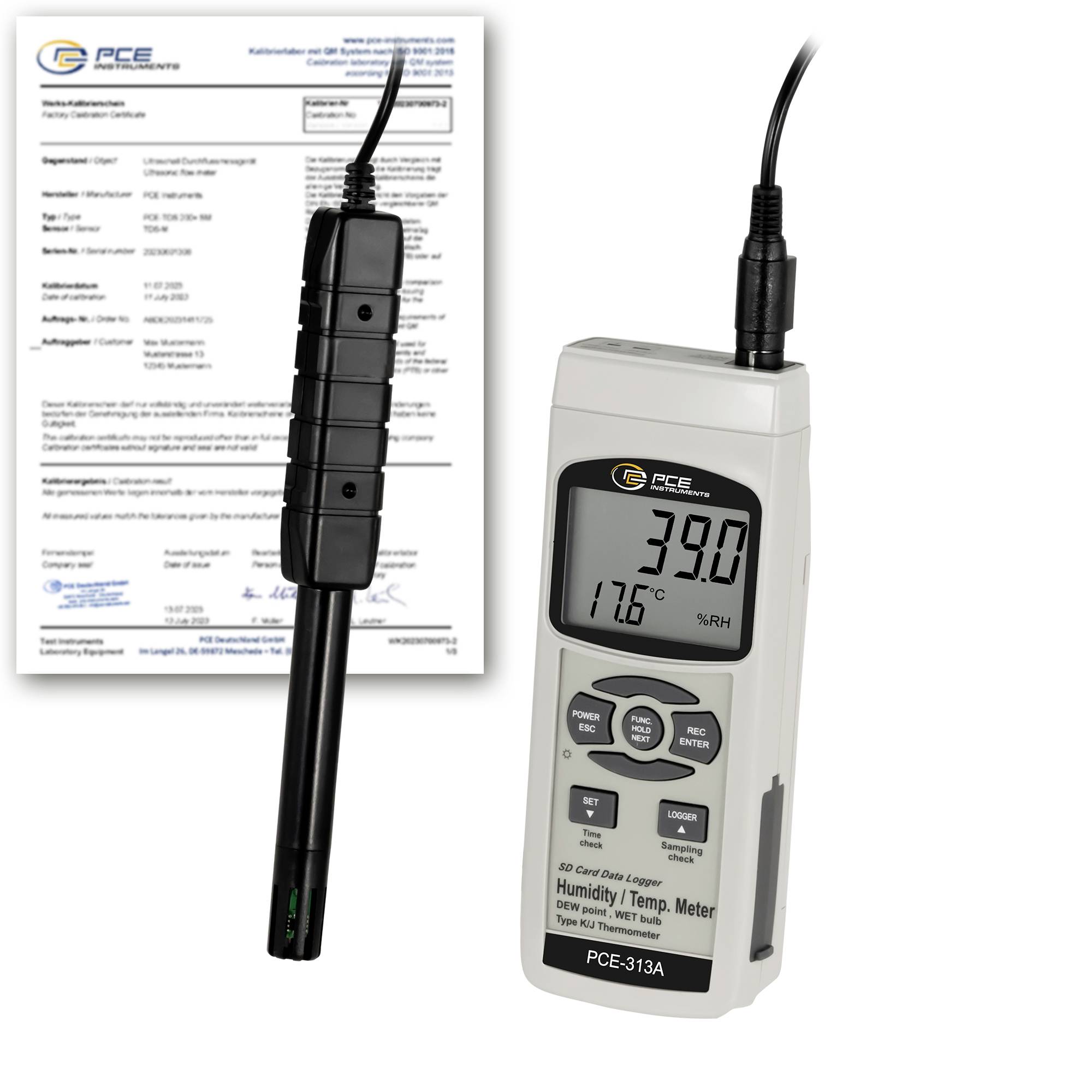 Tragbares PCE-Feuchte- und Thermometer mit Sonde, zeigt 39,0 und 17,6 °C mit Kalibrierschein dahinter.