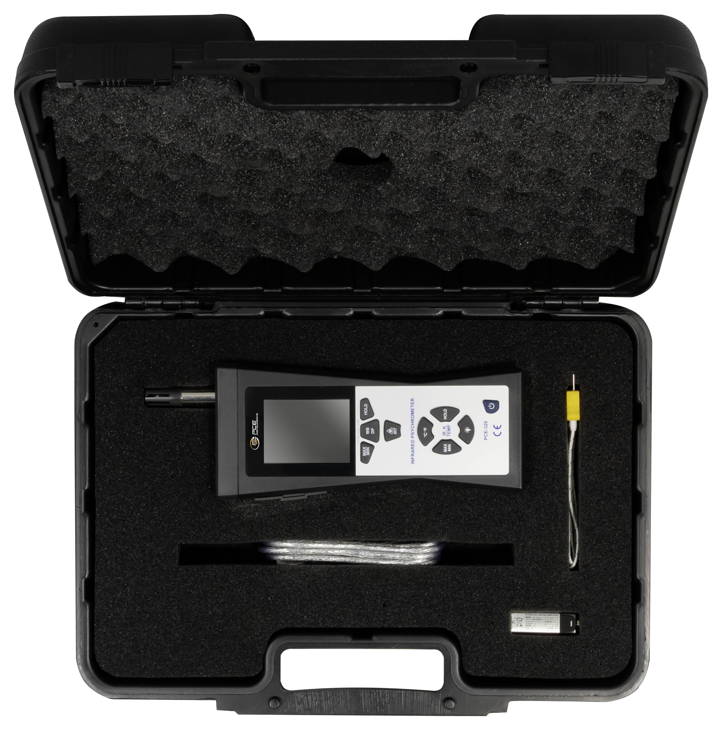 Offenes schwarzes Tragegehäuse mit Schaumstoffeinsatz, der ein tragbares digitales Messinstrument, eine Sondenaufsatz, ein Kabel und einen USB-Adapter hält.