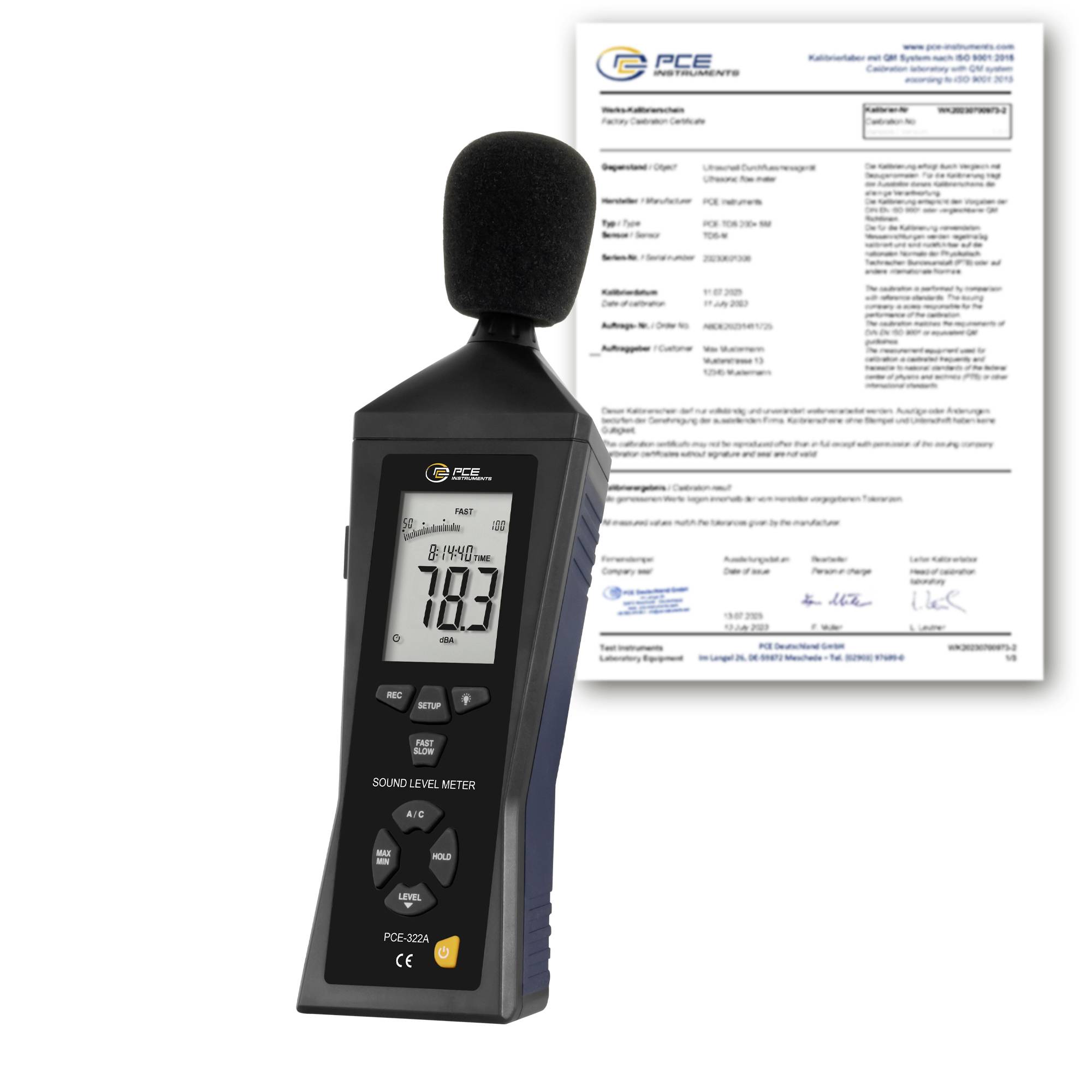 Schallpegelmesser mit Schaumstoff-Mikrofon, Anzeige zeigt 78,3 dB, dargestellt vor einem Kalibrierblock.