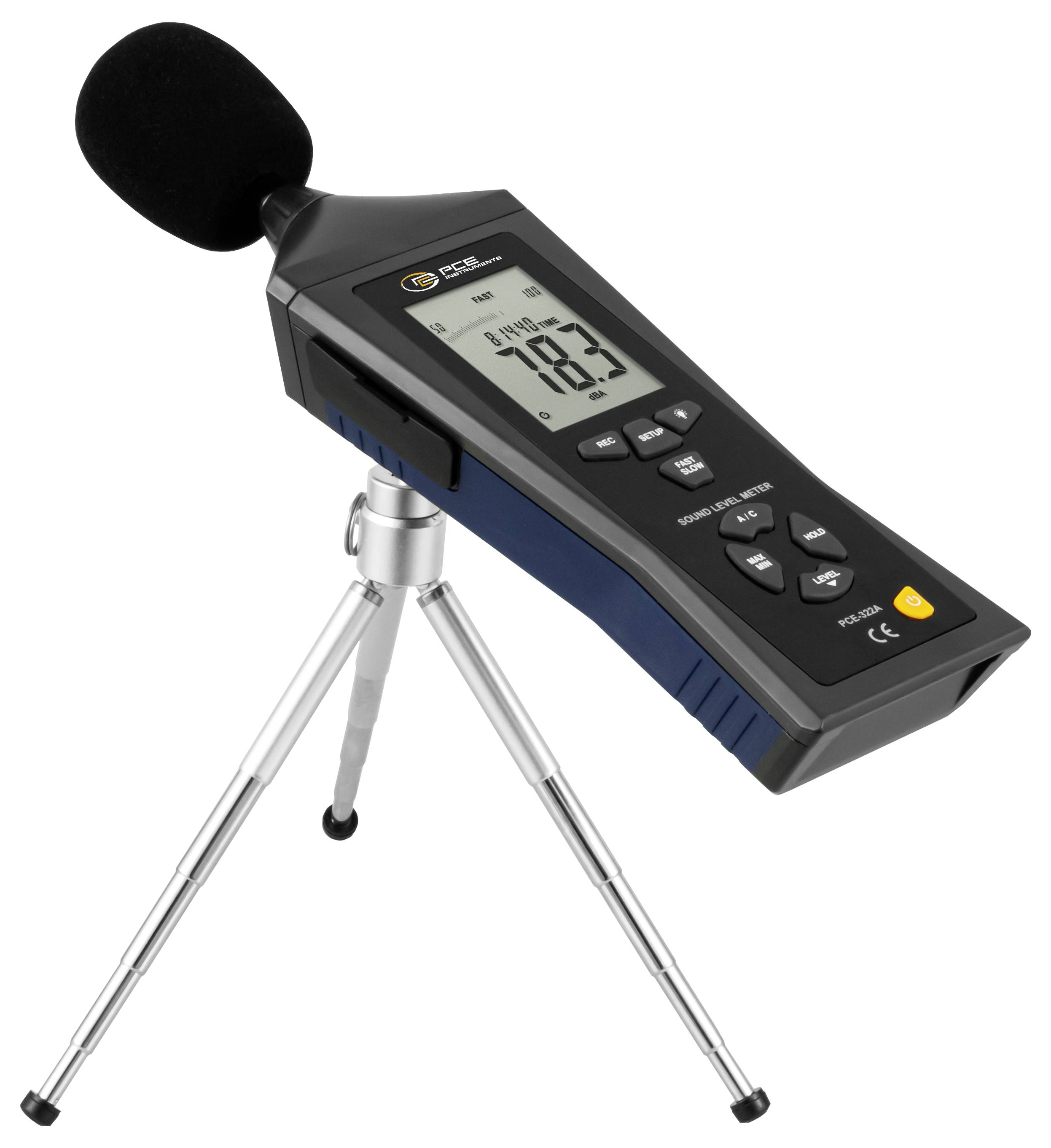 Schallpegelmessgerät mit Schaumstoff-Mikrofon, das auf einem Stativ montiert ist und eine digitale Anzeige von 70,3 dB zeigt.