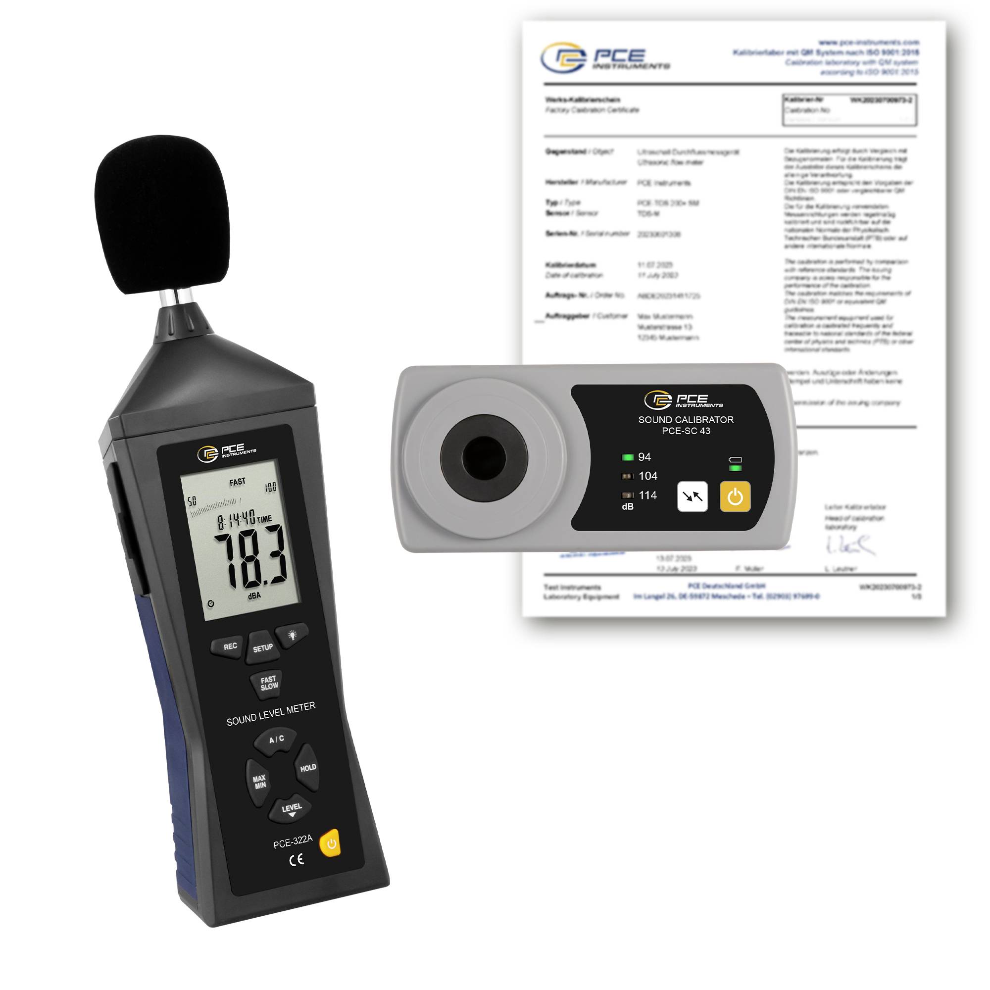 Schallpegelmesser und Kalibriergerät mit Kalibrirzertifikat, das ein tragbares Dezibelmessgerät mit einer Anzeige von 78,3 dB zeigt.