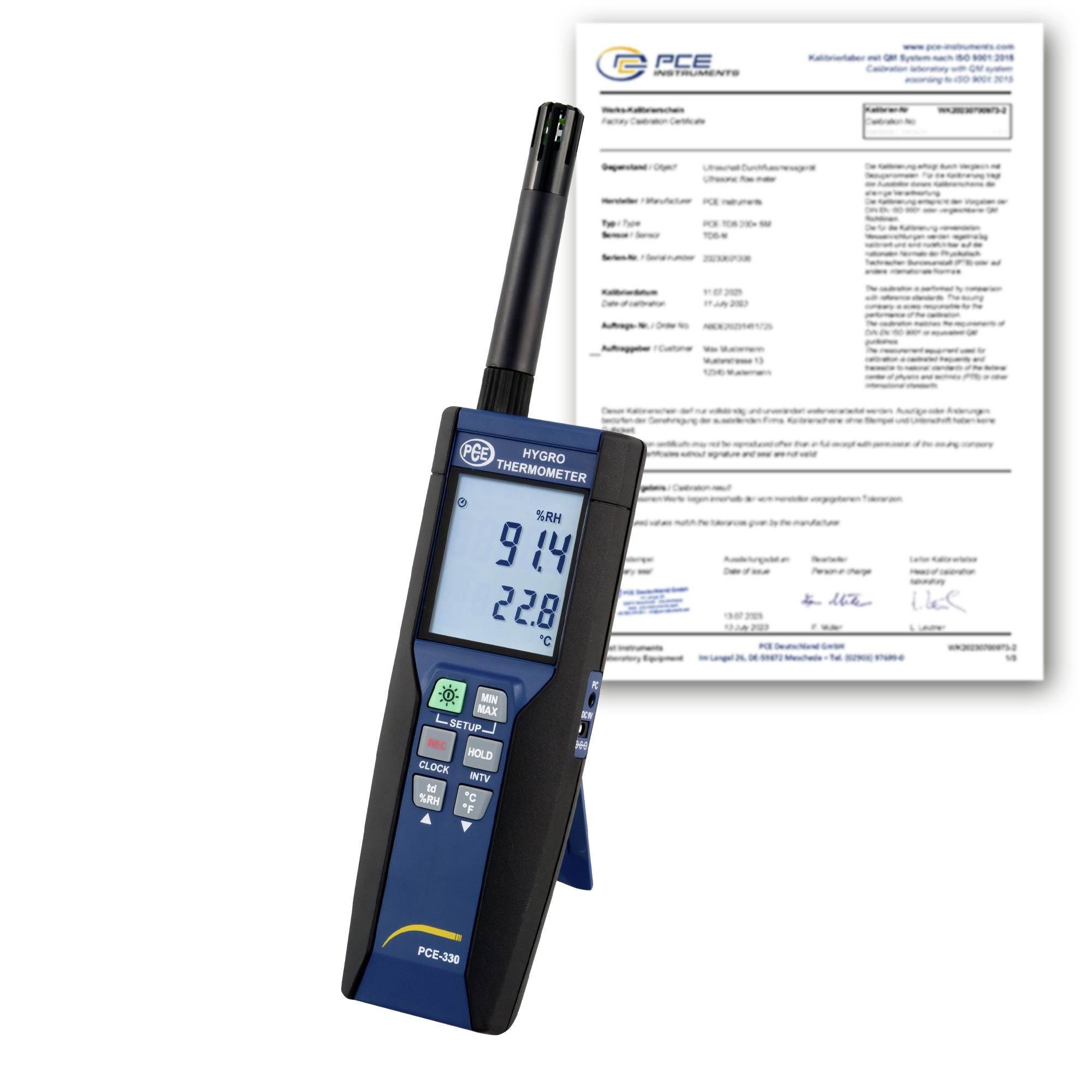 Tragbares Hygrometer-Thermometer mit Anzeige von 91,4% relative Luftfeuchte und 22,0°C, gezeigt mit einem Kalibrierzertifikat im Hintergrund.