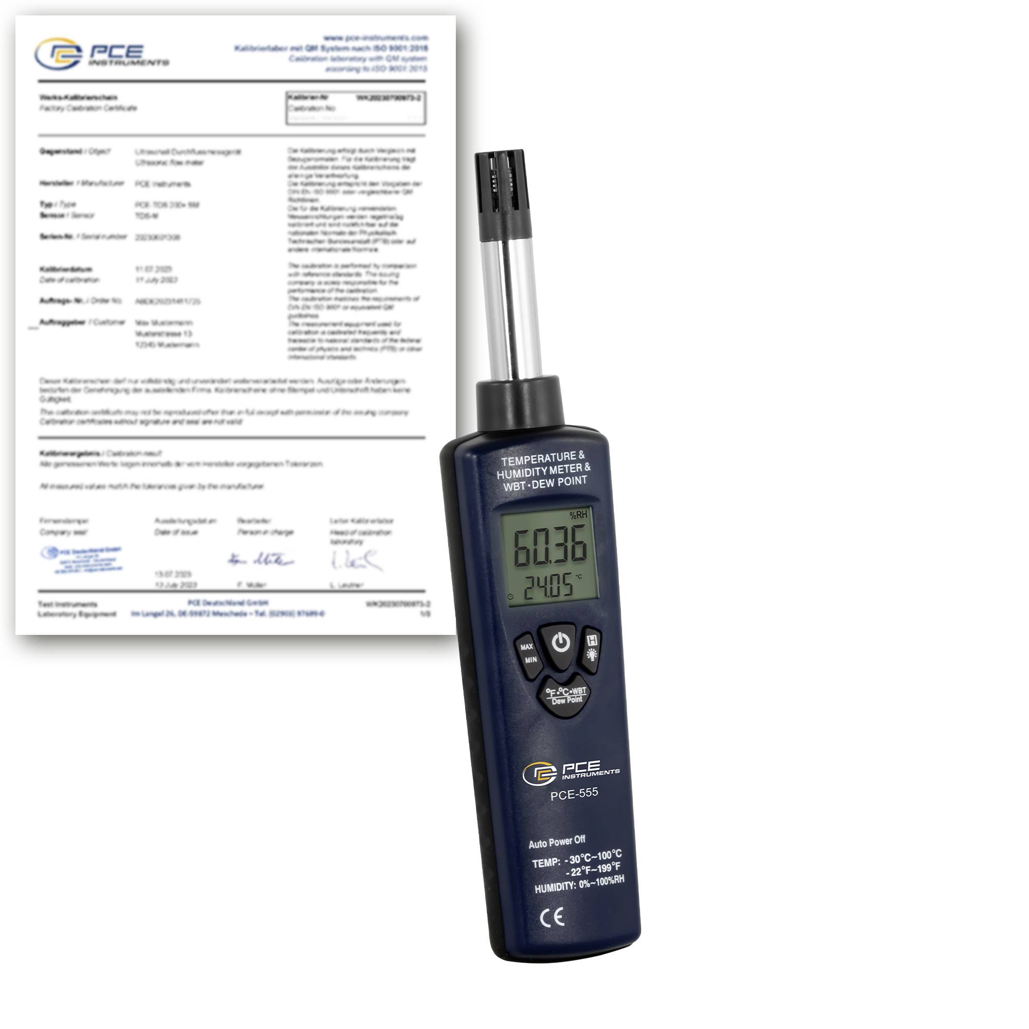 Digitales Temperatur-, Feuchte- und Feuchtkugel-/Taupunktthermometer neben einem Kalibrierzertifikat, das auf seinem Display eine Anzeige von 60,3 und 24,5 zeigt.