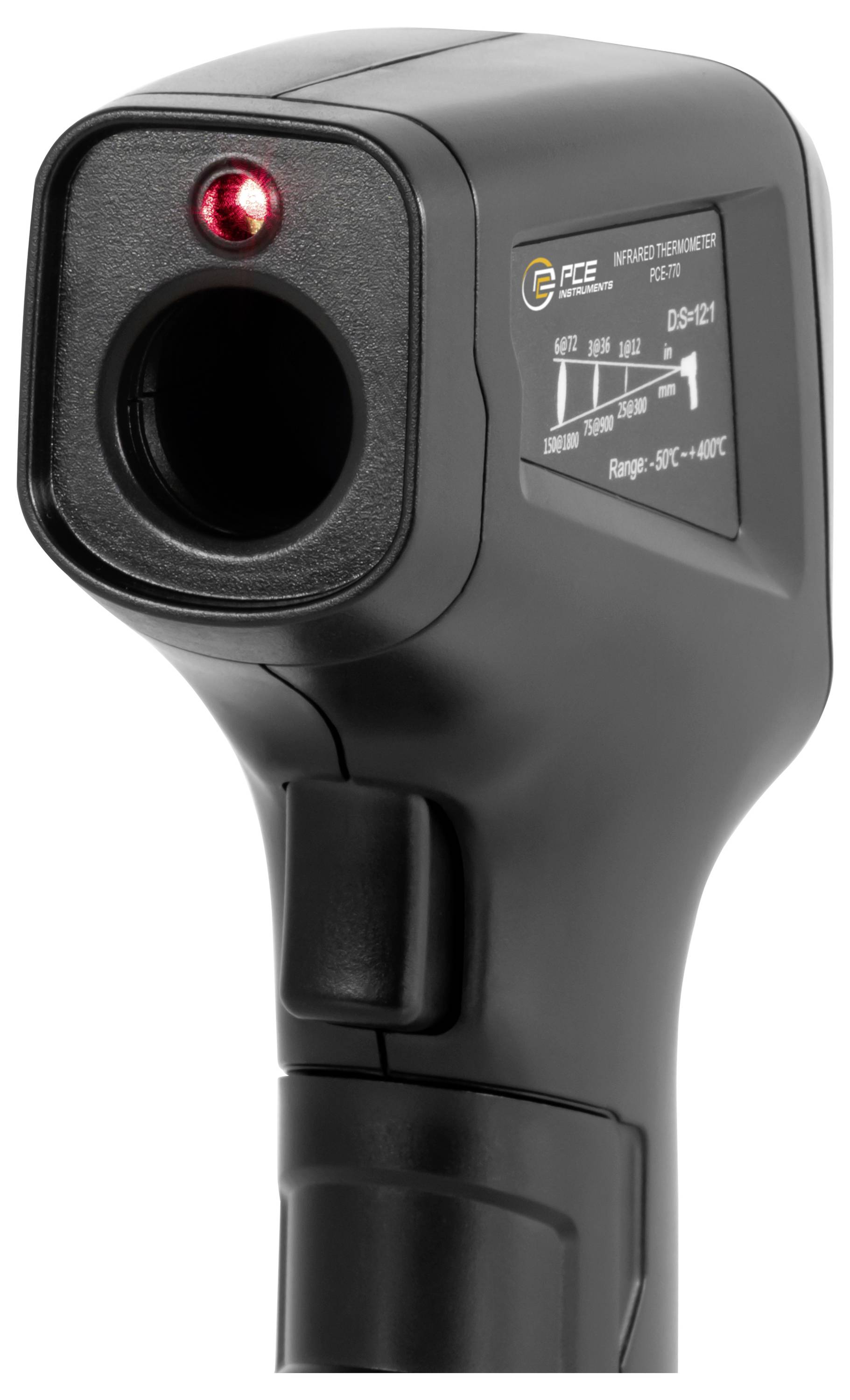 Schwarzes tragbares Infrarot-Thermometerpistole mit rotem Zielauslight und digitaler Anzeige, die den Temperaturbereich und die Zielentfernung anzeigt.