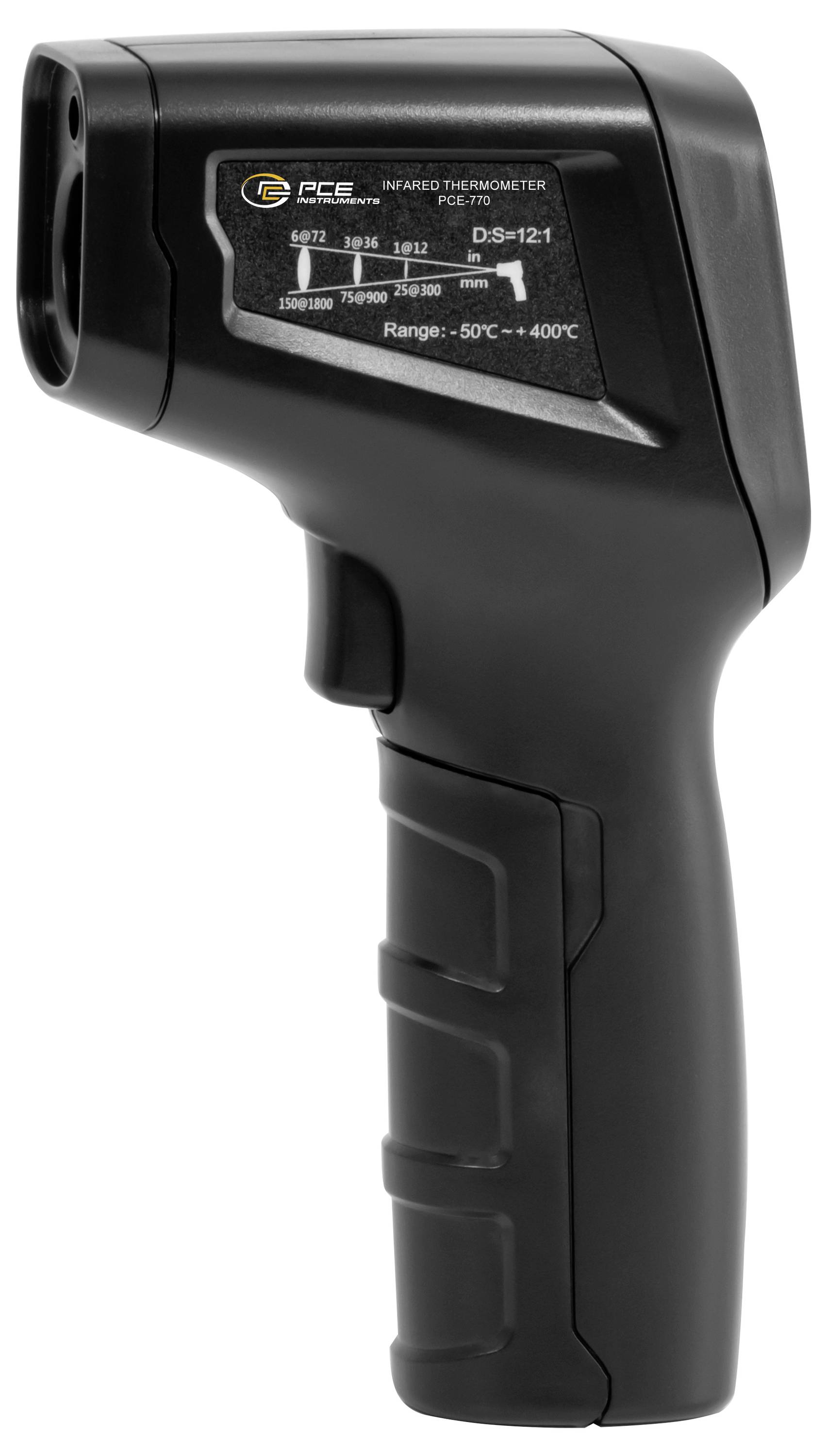 Schwarze tragbare Infrarot-Thermometerpistole mit Anzeigemarkierungen und Temperaturbereich von -50°C bis 400°C.