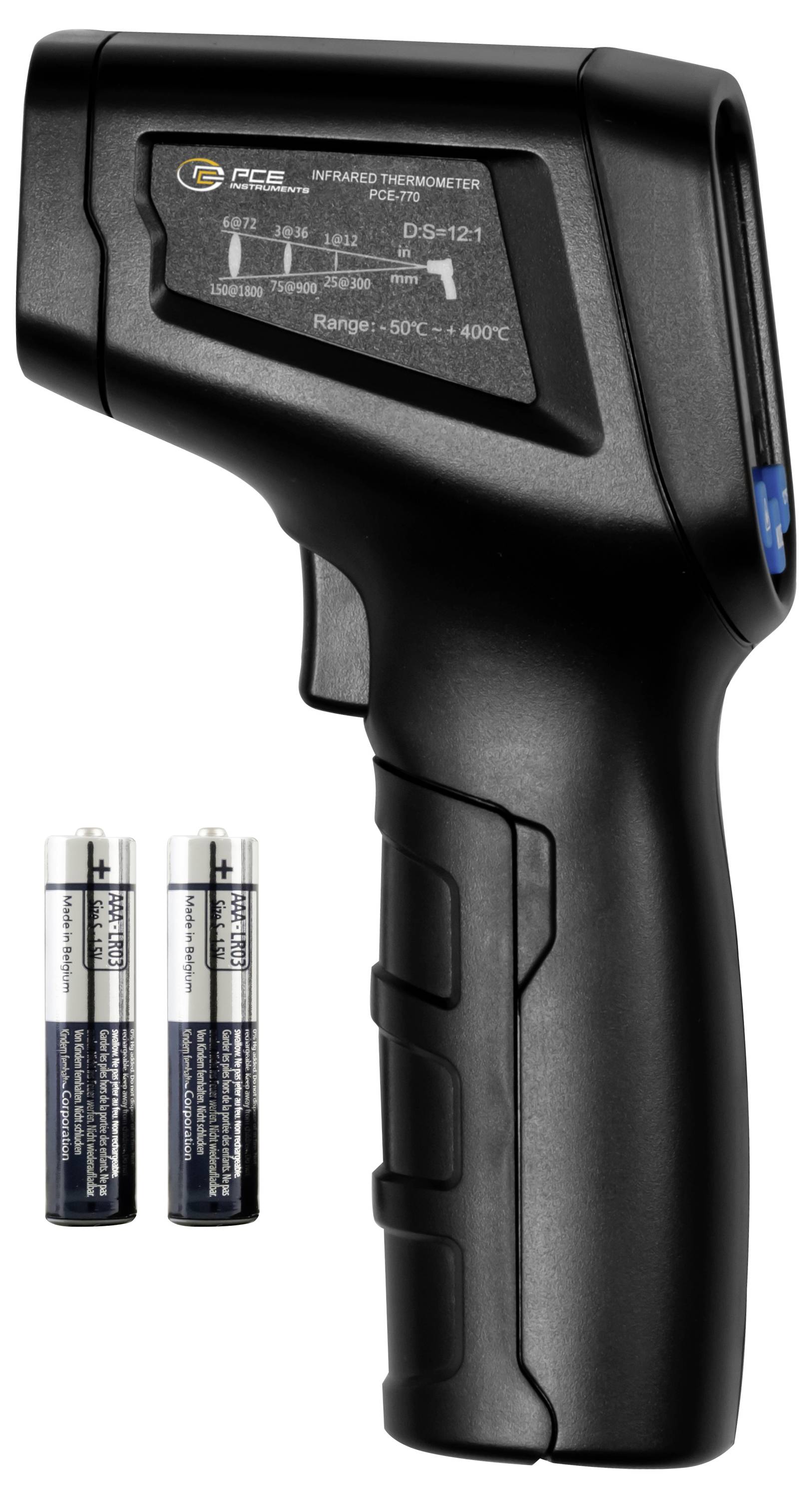Schwarze Infrarot-Thermometerpistole mit zwei AAA-Batterien, wie unten dargestellt, gekennzeichnet für einen Temperaturbereich von -50°C bis +400°C.