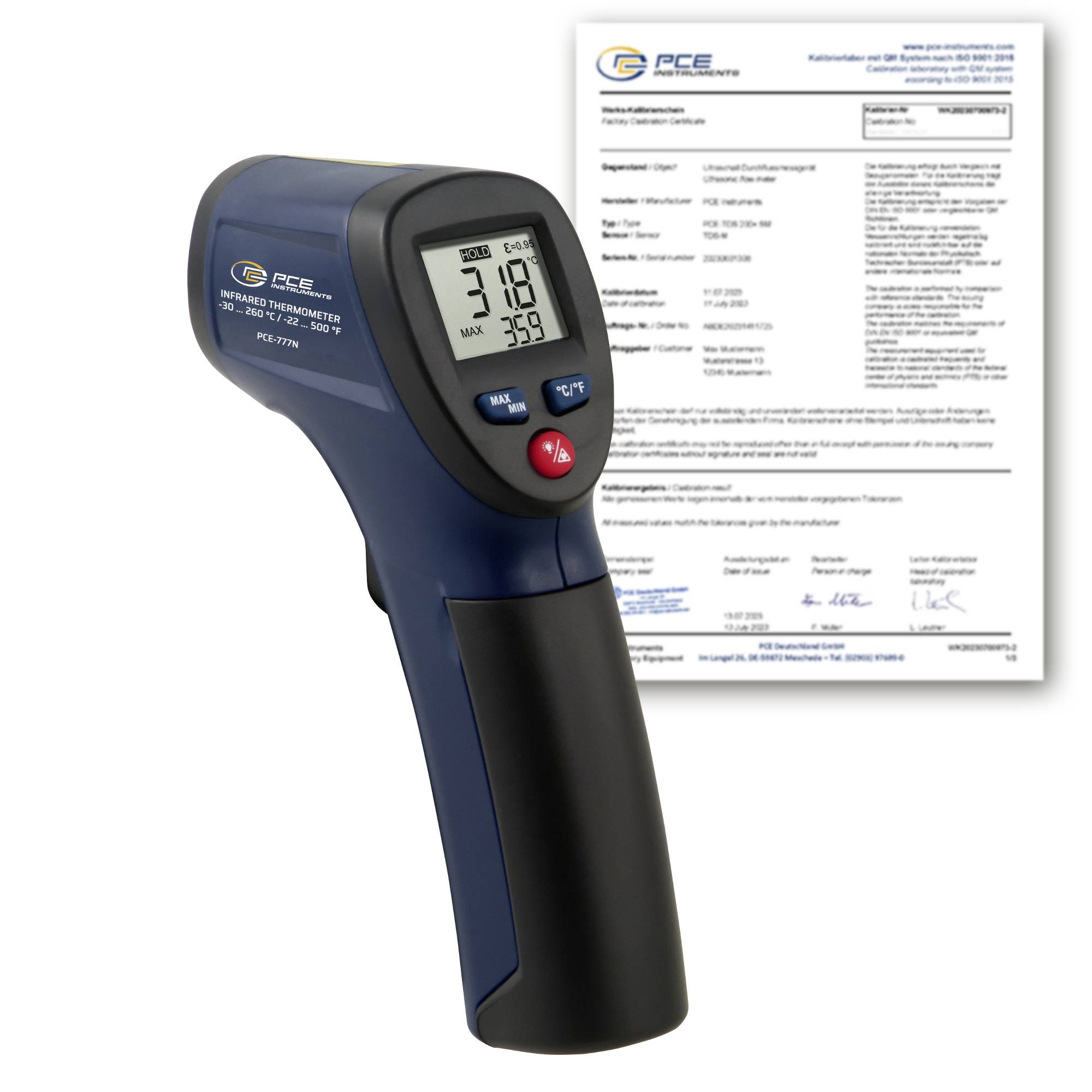 Infrarot-Thermometerpistole mit einem Kalibrierzertifikat dahinter, das eine digitale Temperaturanzeige von 31,8 und max 35,9 zeigt.