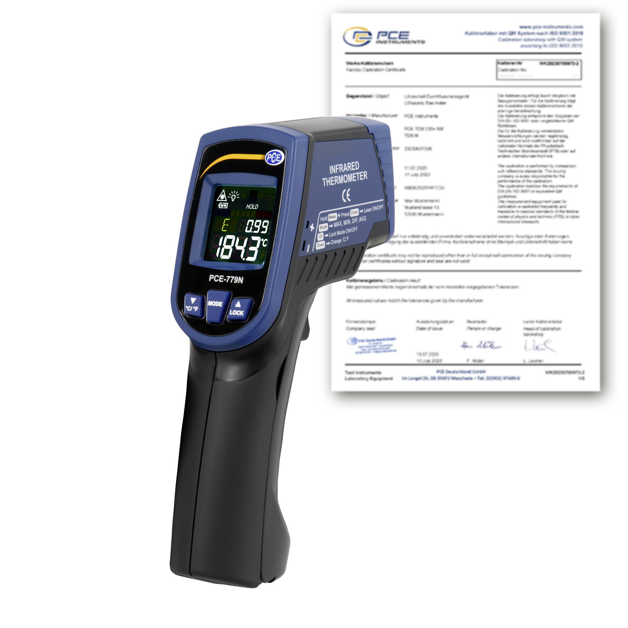 Tragbares blaues Infrarot-Thermometer mit Anzeige von 18,4°C, dargestellt mit einem Kalibrierschein im Hintergrund.