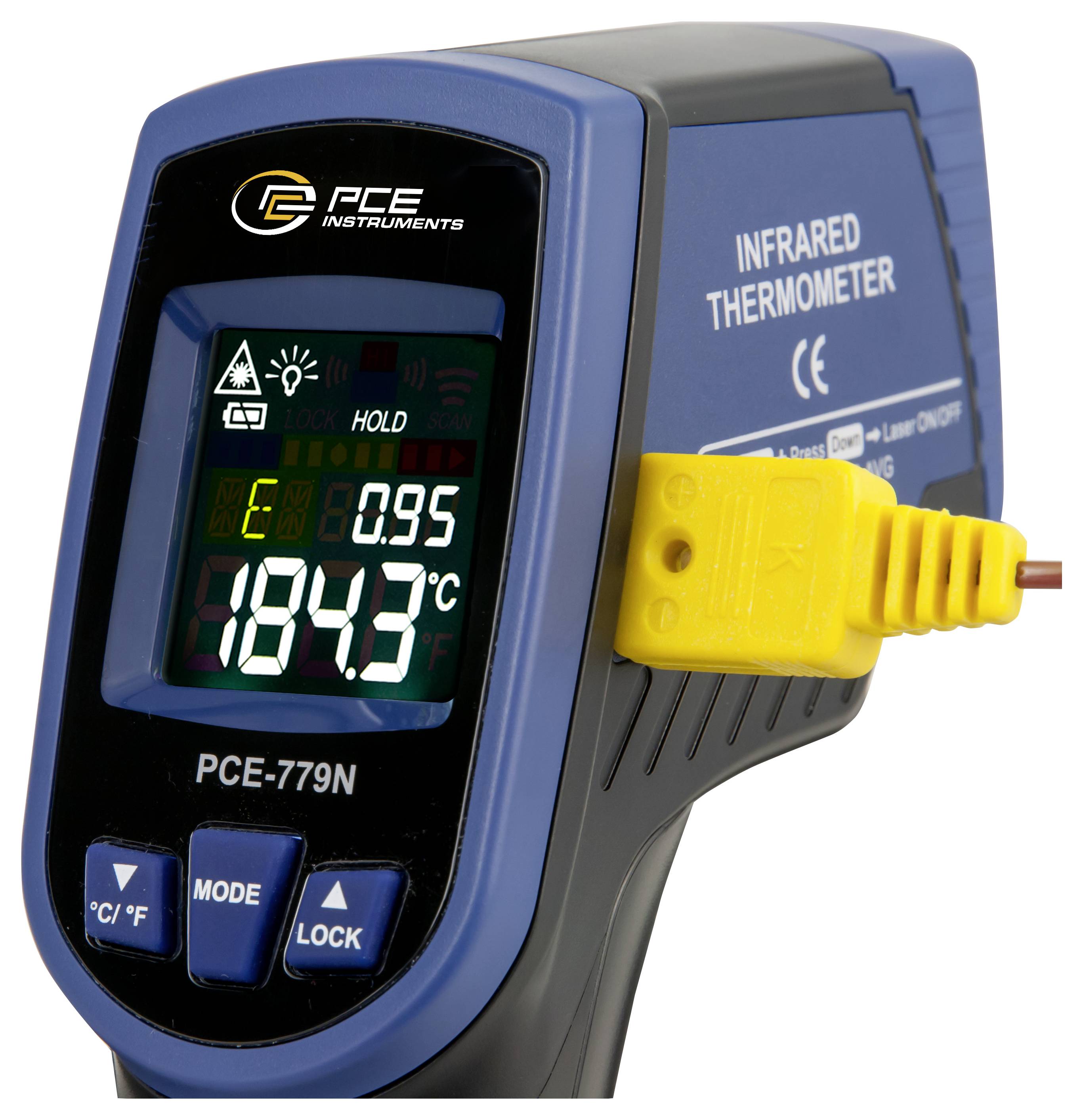 PCE-Infrarotthermometer zeigt 184,7°C auf seinem digitalen Display an, mit einer gelben Sonde, die an der Seite angebracht ist.