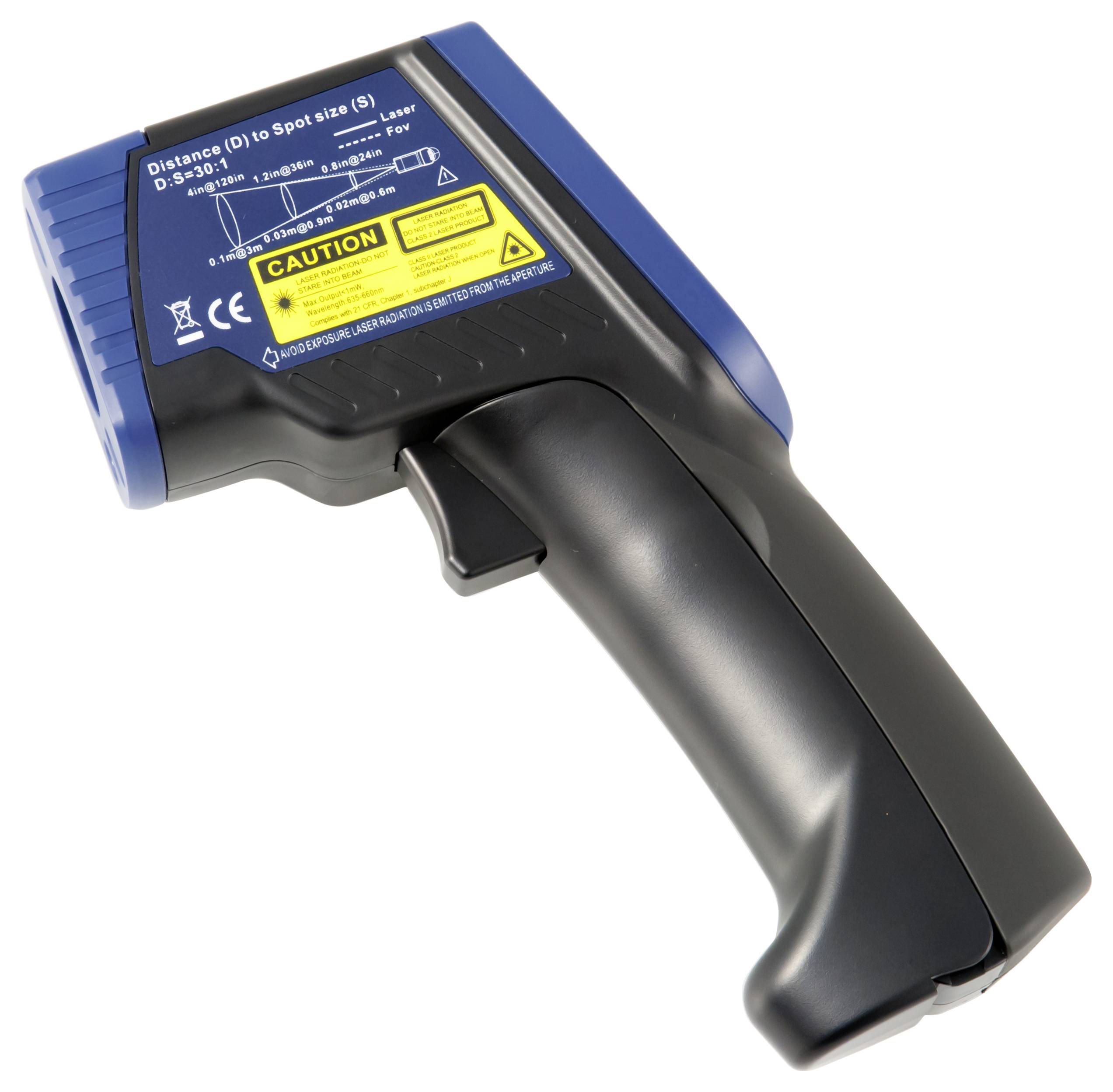Tragbares Infrarot-Thermometer-Messer mit schwarzem Griff und blauem Gehäuse, beschriftet mit Abstands-zu-Punkt-Markierungen und Warnhinweisen.