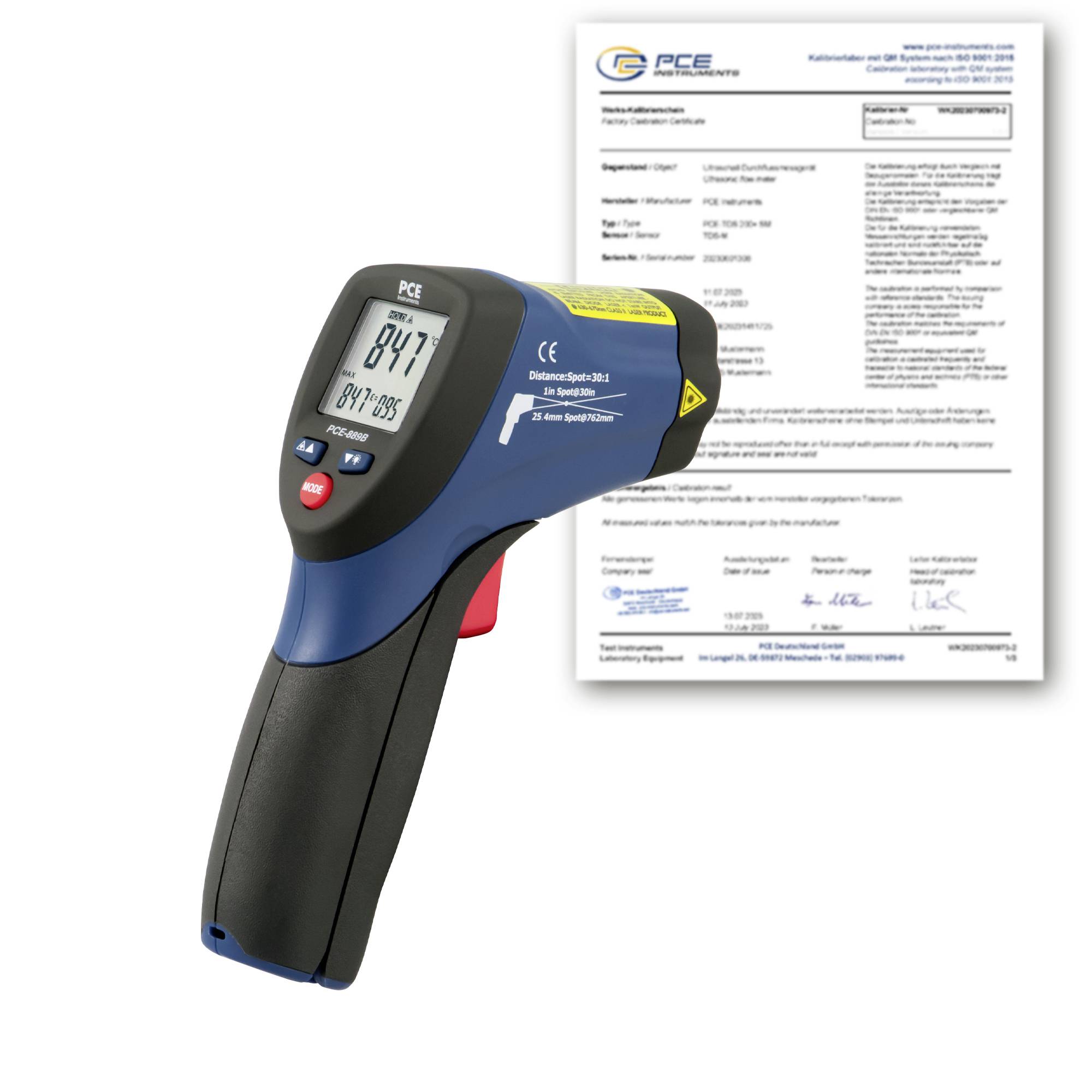 PCE tragbares Infrarot-Thermometer mit Anzeige von 84,7 auf dem Bildschirm, mit einem Zertifikatsdokument im Hintergrund.