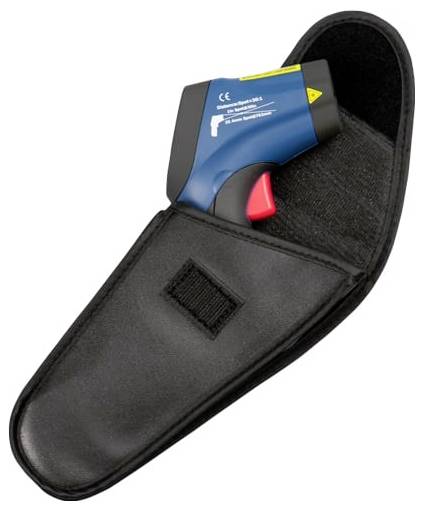 Schwarzes Nylon-Holster mit einem blau-schwarzen tragbaren Infrarot-Thermometer mit rotem Abzug auf weißem Hintergrund.