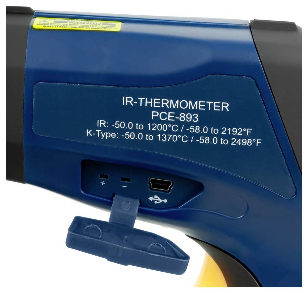 Blaugelbes tragbares Infrarot-Thermometer mit der Bezeichnung „IR-THERMOMETER PCE-893