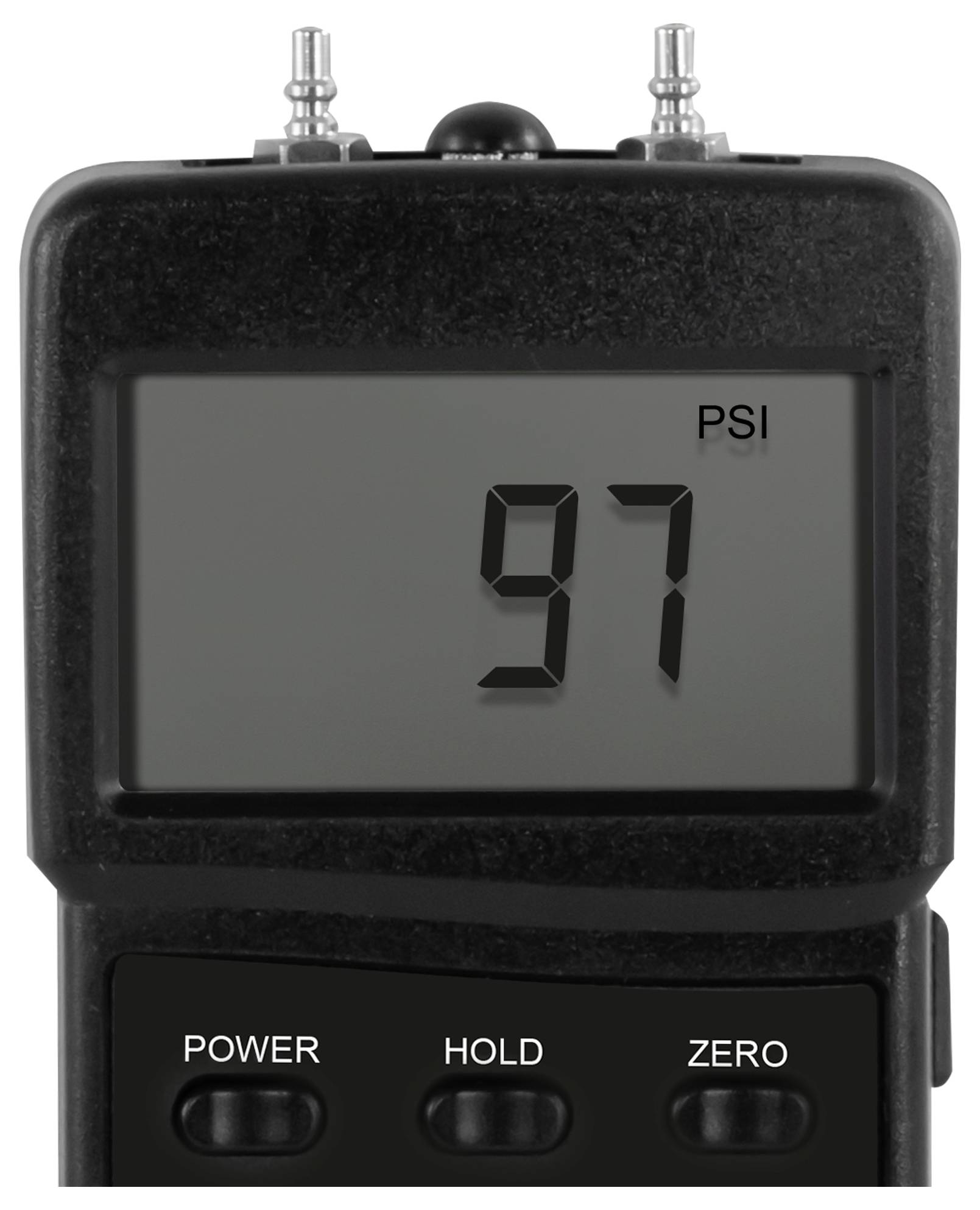 Digitales Druckmanometer zeigt 97 PSI auf einem schwarzen tragbaren Gerät mit POWER-, HOLD- und ZERO-Tasten.