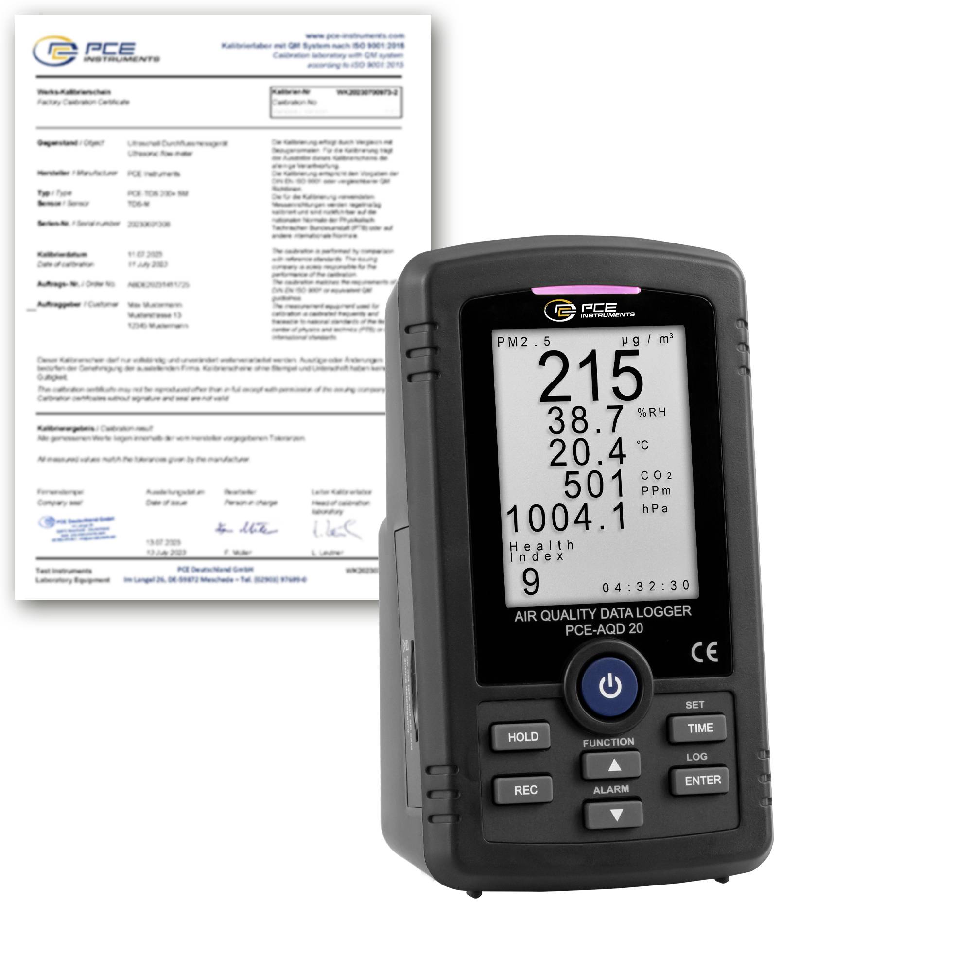 PCE-Luftqualitätsdatenlogger zeigt PM2,5 215 µg/m³, 38,7 % rel. Feuchte, 20,4 °C, 501 ppm CO2 und 1004,1 hPa an, mit einem Kalibrierberichts dahinter.